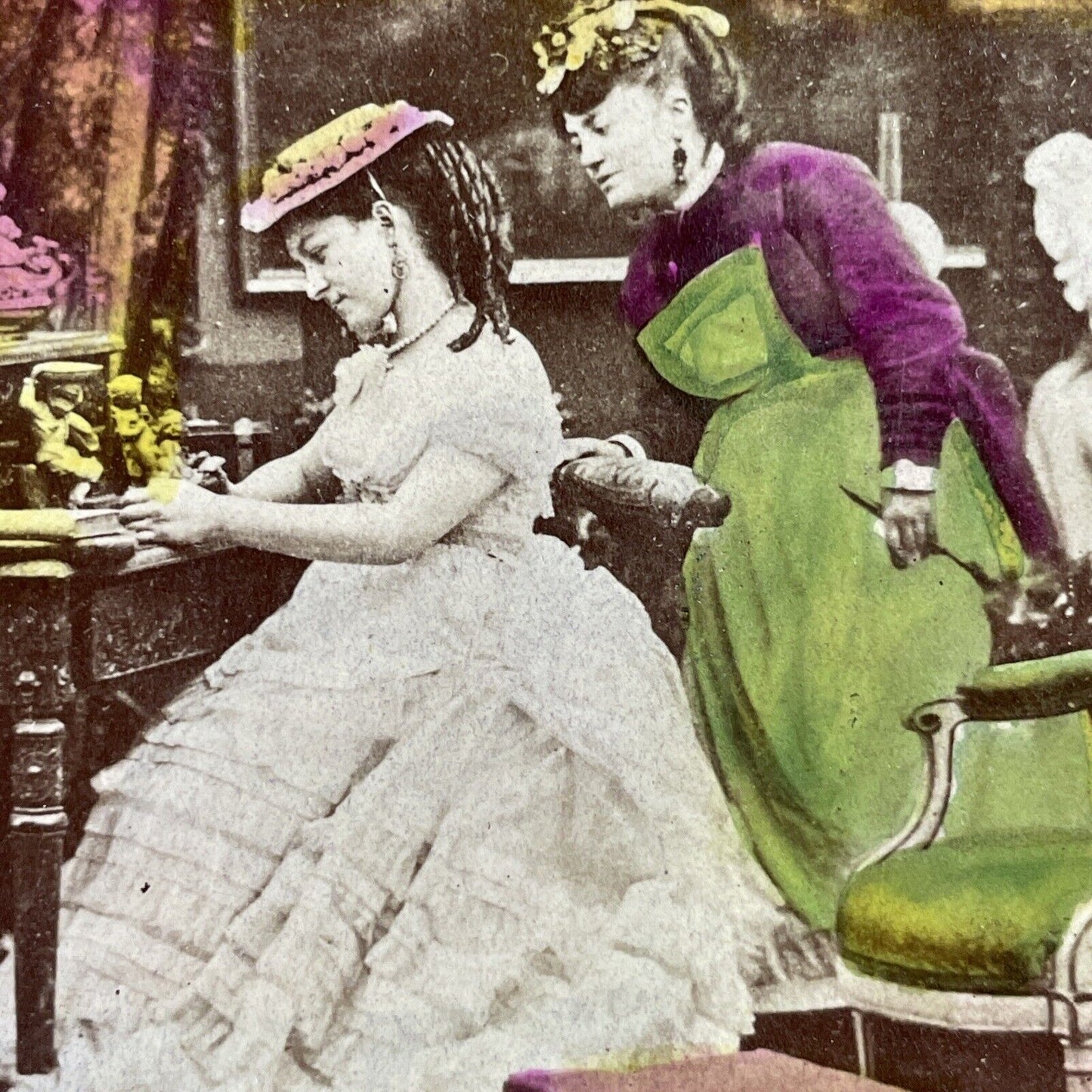 Antique 1860s Women Practice Their Writing Stereoview Photo Card P3985