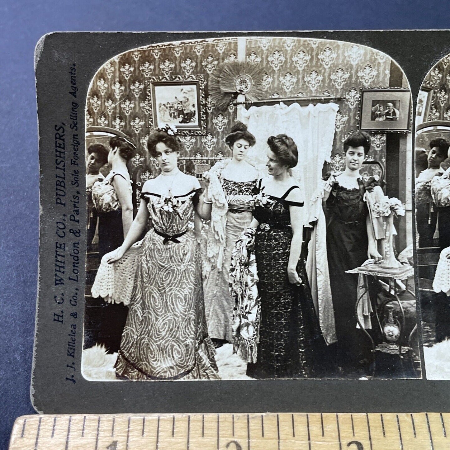 Antique 1902 Women Get Dressed For Fancy Ball Stereoview Photo Card P2924