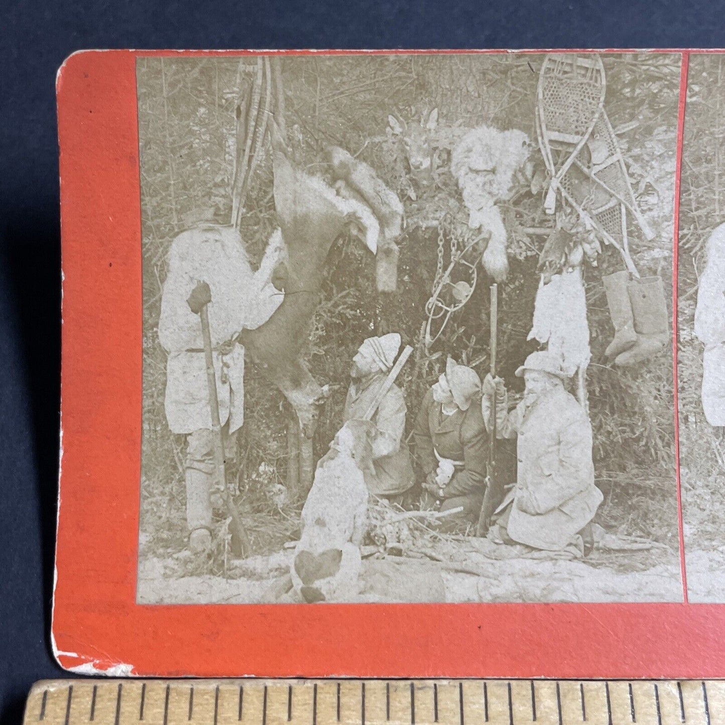 Antique 1892 Snowshoe Hunters Kill A Deer Stereoview Photo Card P4623