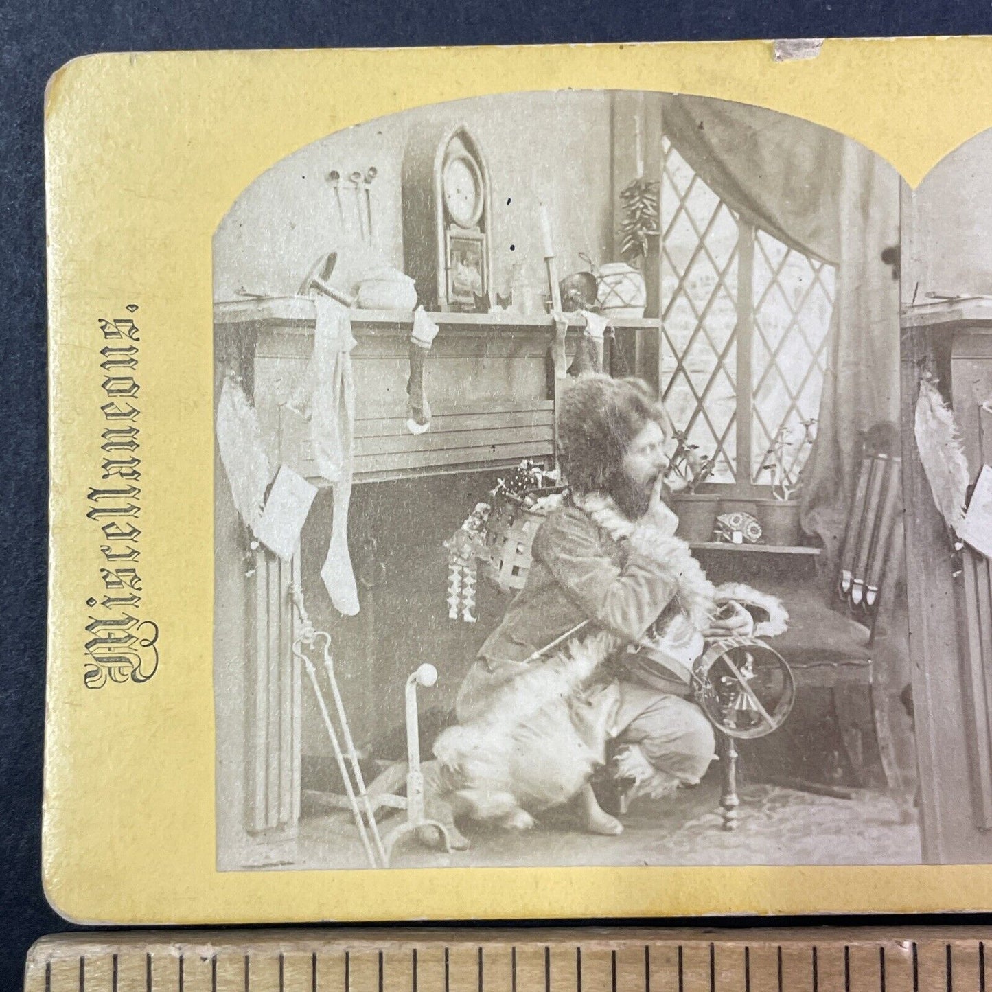 Santa Claus Coonskin Hat Stereoview Early Christmas Photo Antique c1865 X2584