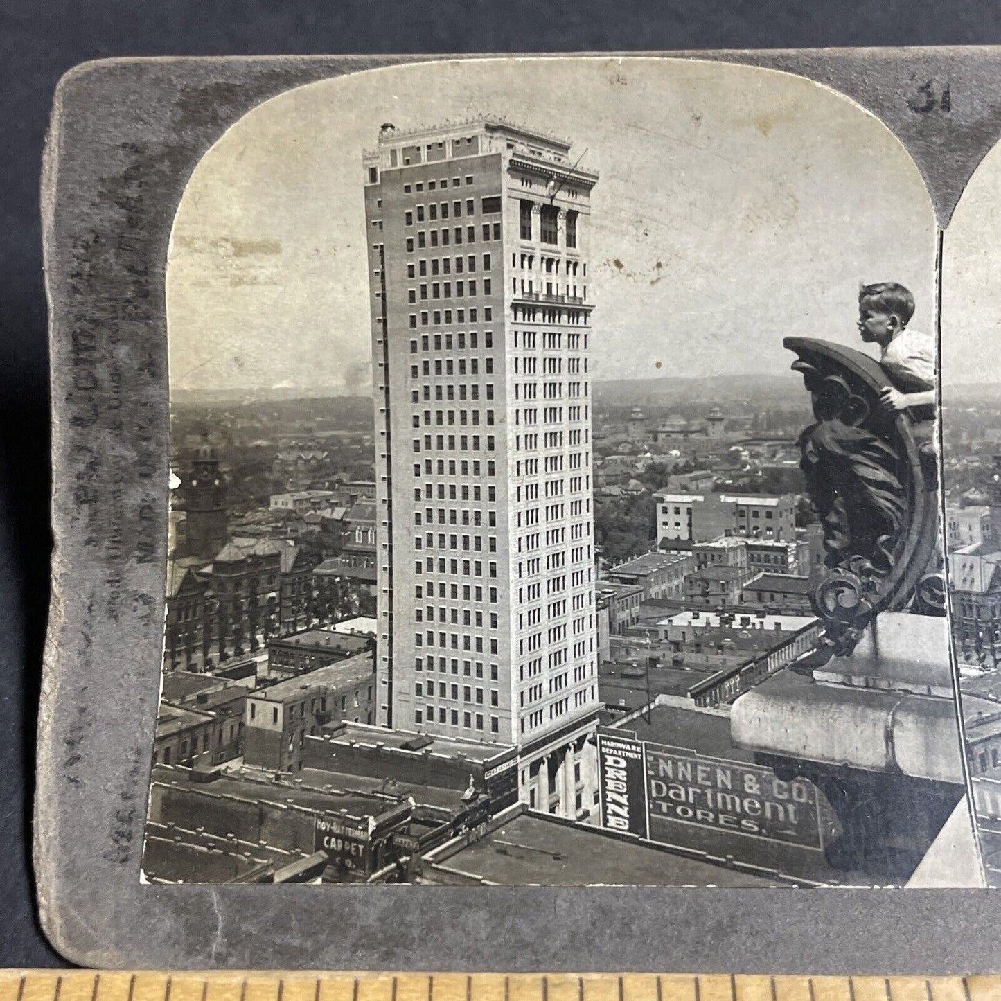 Antique 1920s Boy Climbs Skyscraper Gargoyle AL Stereoview Photo Card P4296