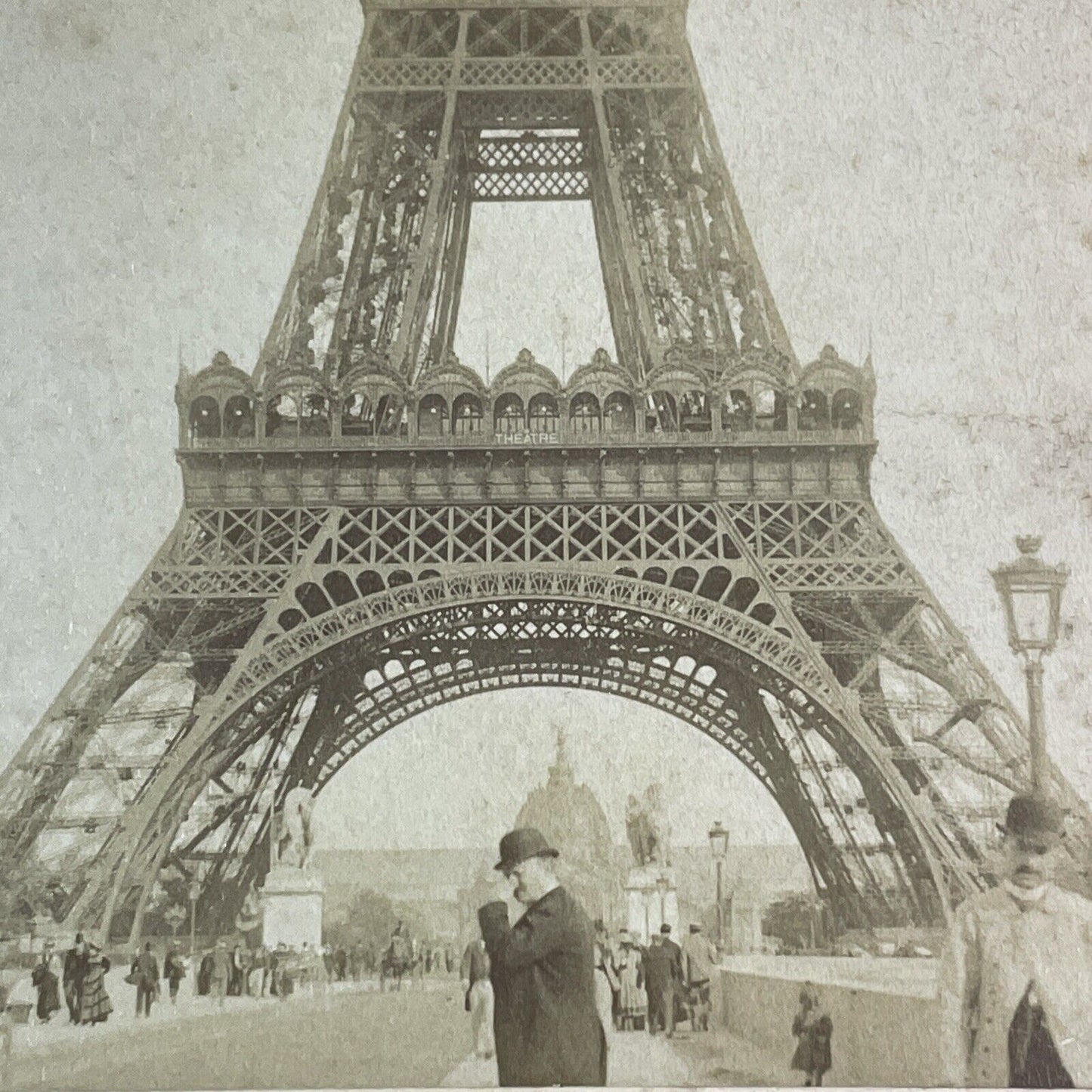 Man Holds Nose in Disgust to Eiffel Tower Stereoview Paris Antique c1894 X4156