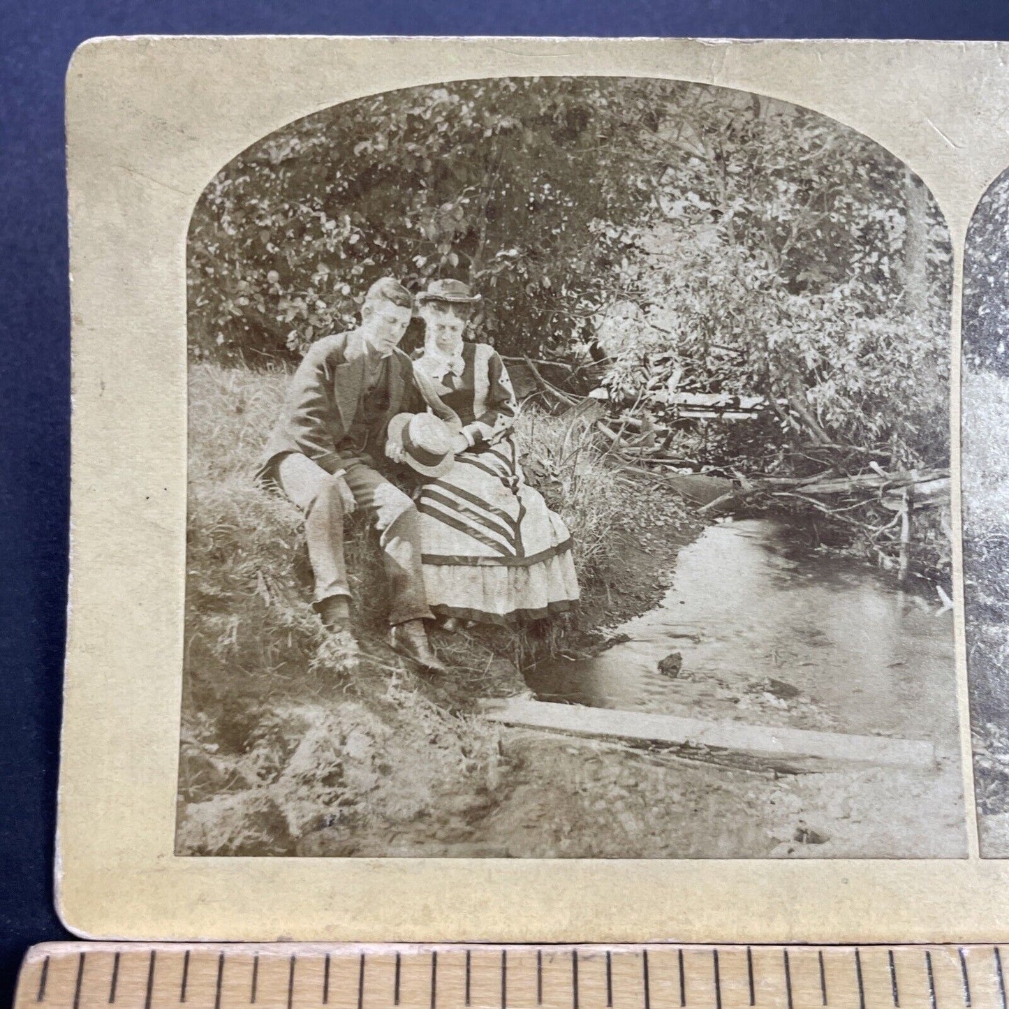 Antique 1876 Lovers Cuddle Beside A River Stereoview Photo Card P3546