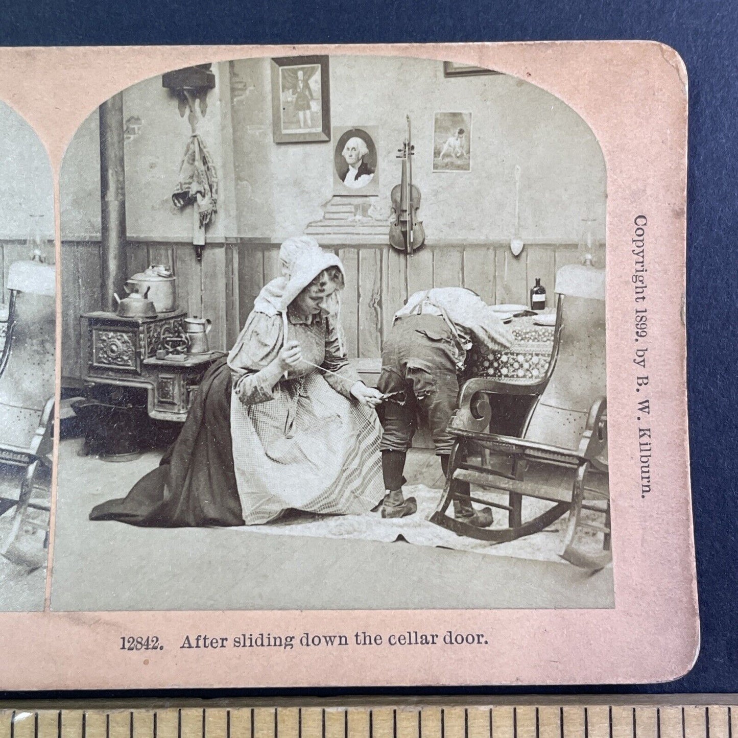 Mother Mends Child's Pants Stereoview B.W. Kilburn Antique c1899 Y1357