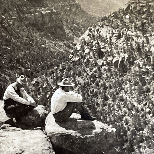 Antique 1910s Man On Cliff Edge Mesa Verde Colorado Stereoview Photo Card P4339