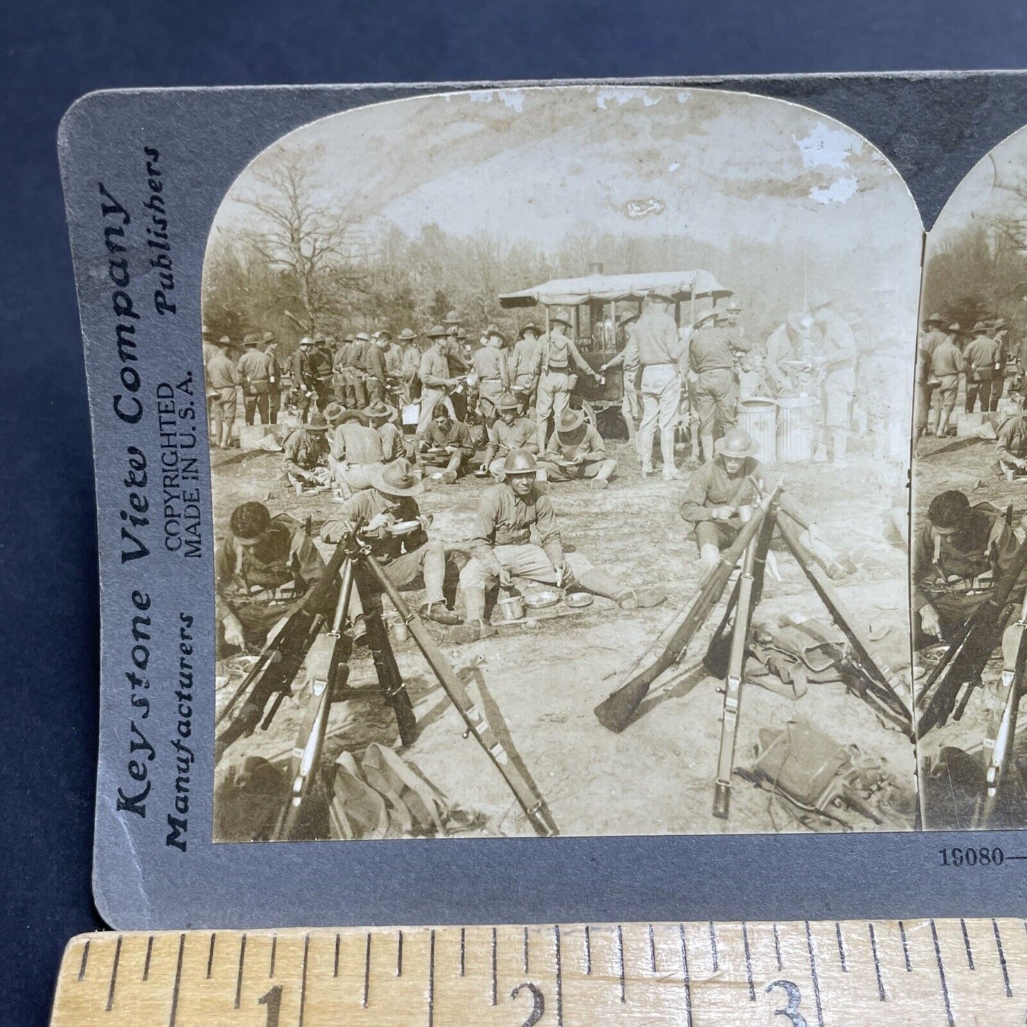 Antique 1918 US Soldiers Lining Up For Lunch Mess Stereoview Photo Card P2025