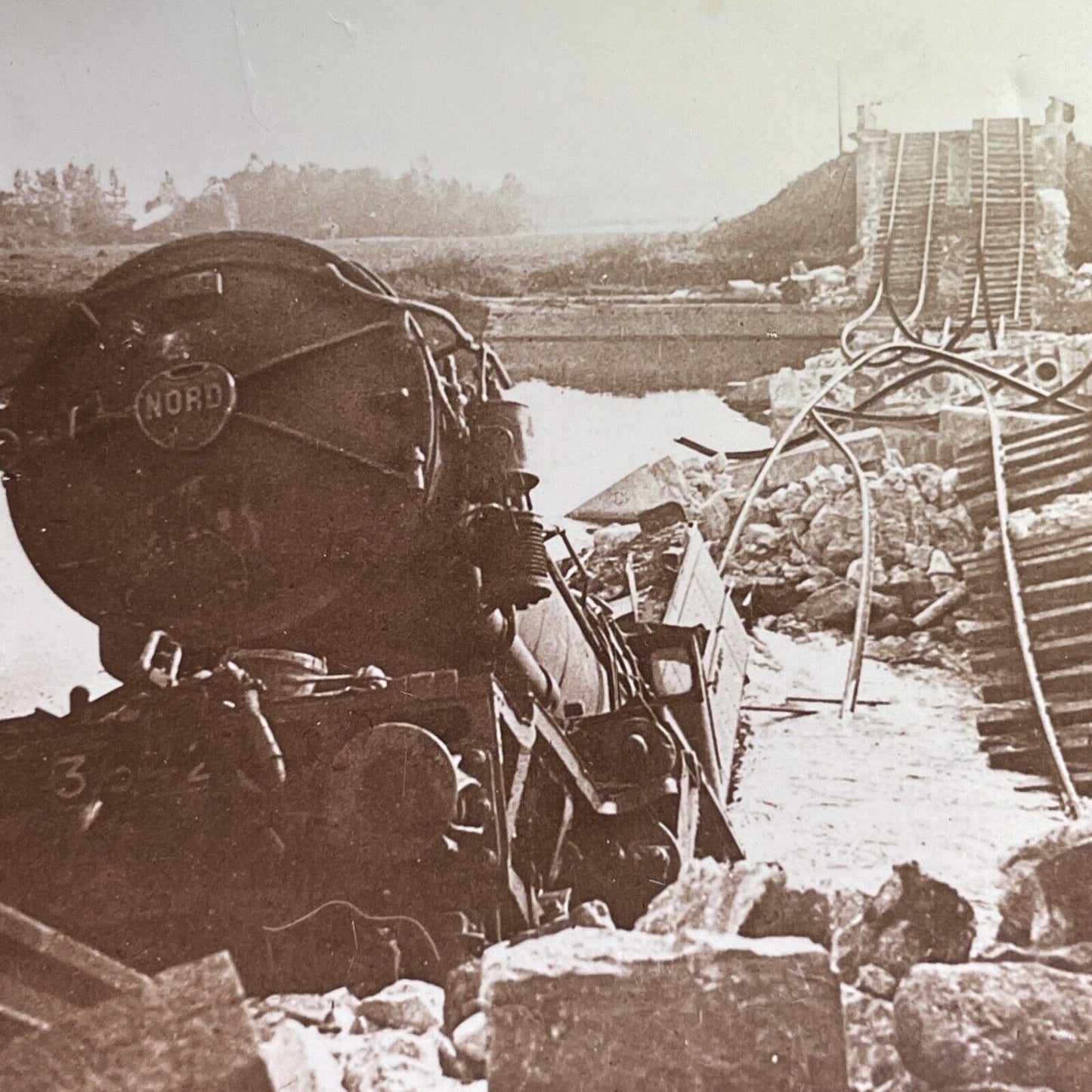 Antique 1915 Destroyed Train Bridge Battle Of Marne Stereoview Photo Card P1580