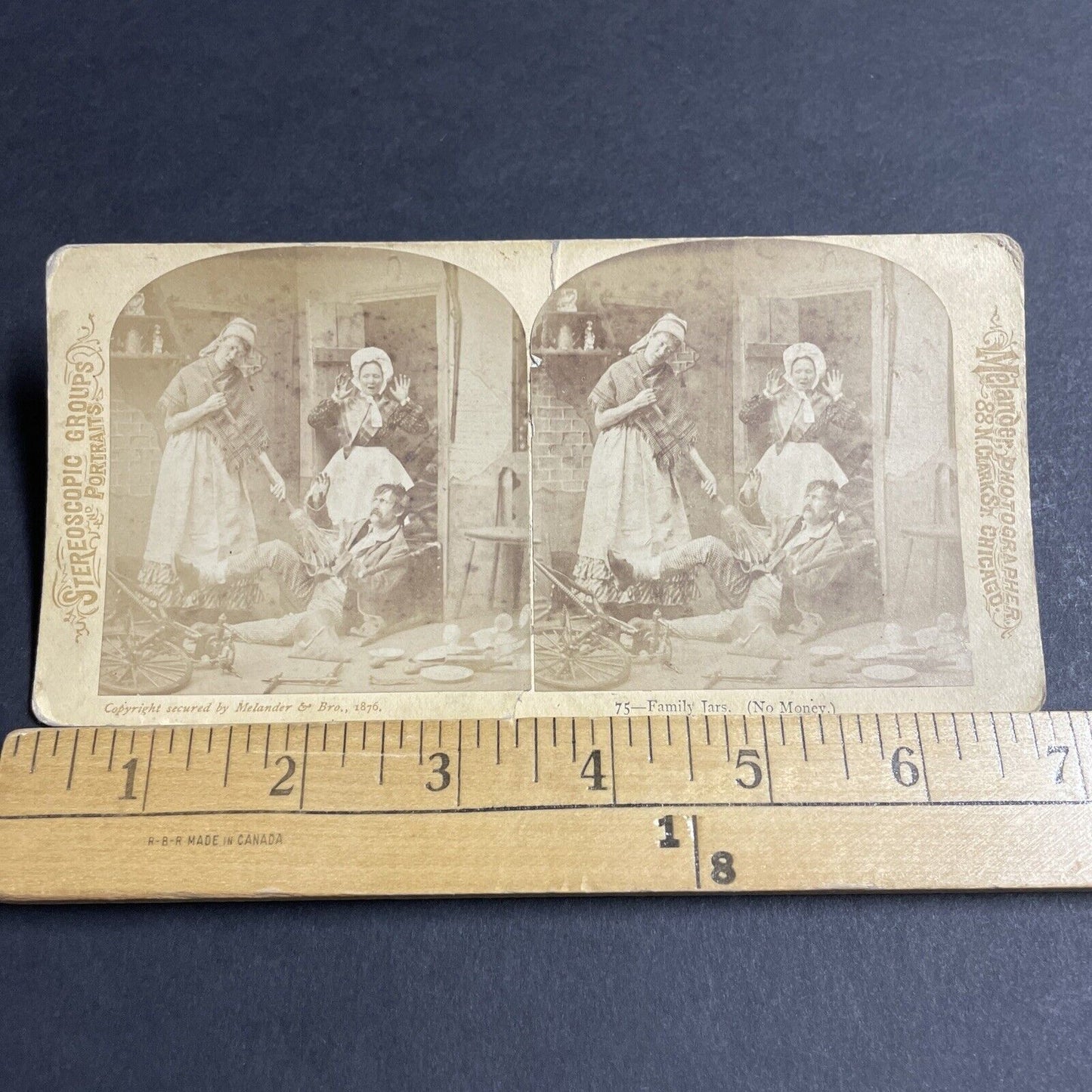 Antique 1876 Man Falls Off Of Bicycle In Kitchen Stereoview Photo Card P4672