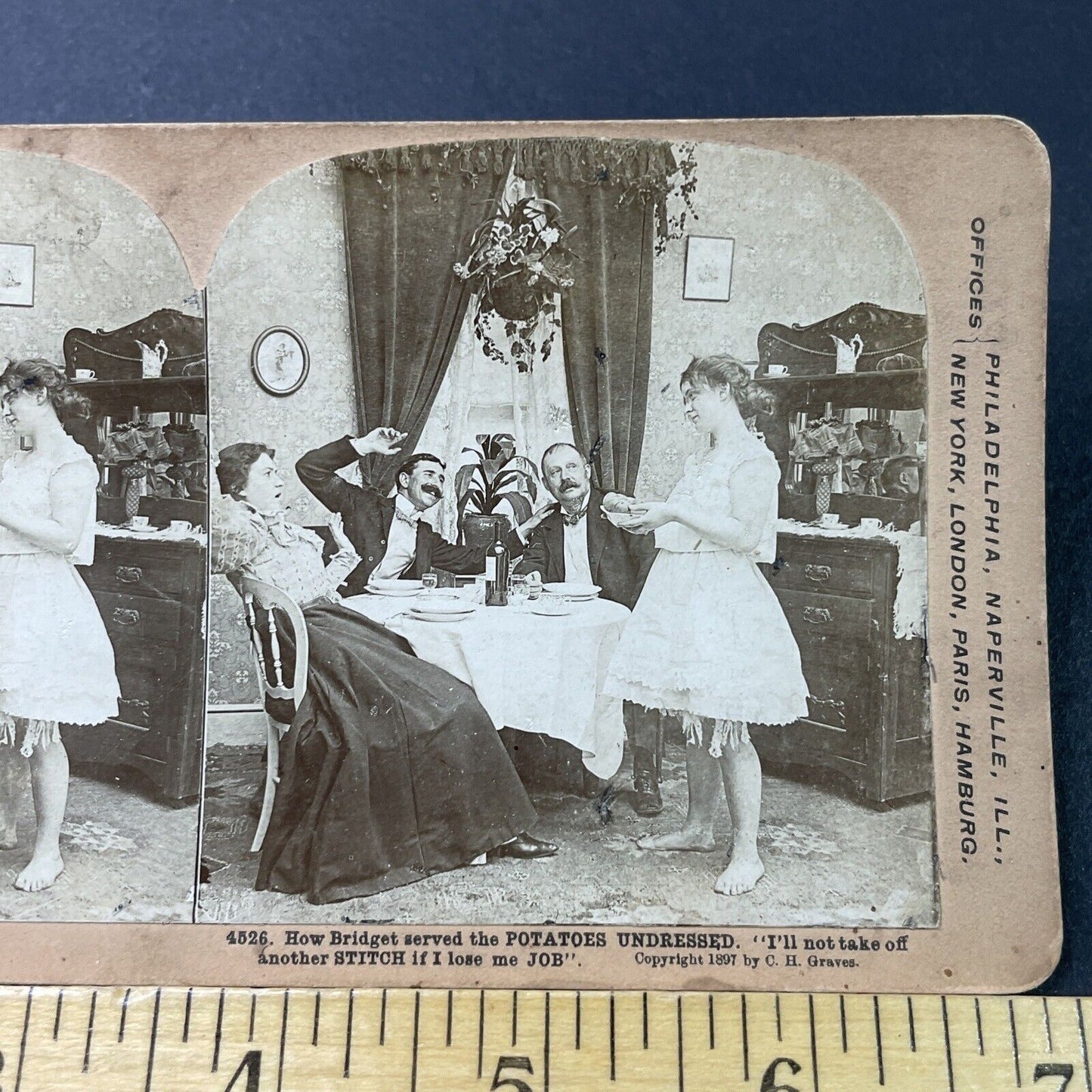 Antique 1897 Maid Woman Serves Dinner In Underwear Stereoview Photo Card P2935