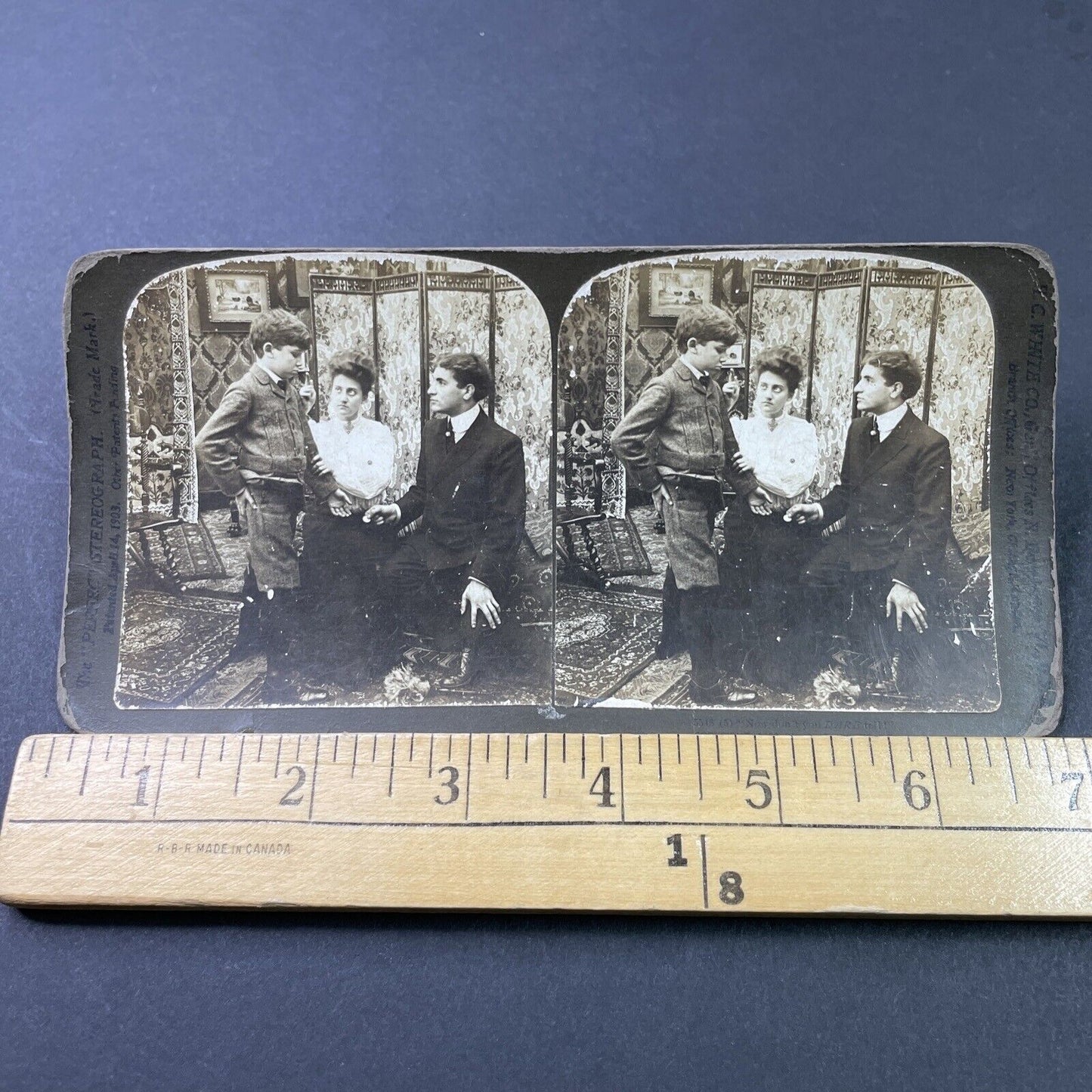 Antique 1903 Boy Scolded For Spying On Young Couple Stereoview Photo Card P2901