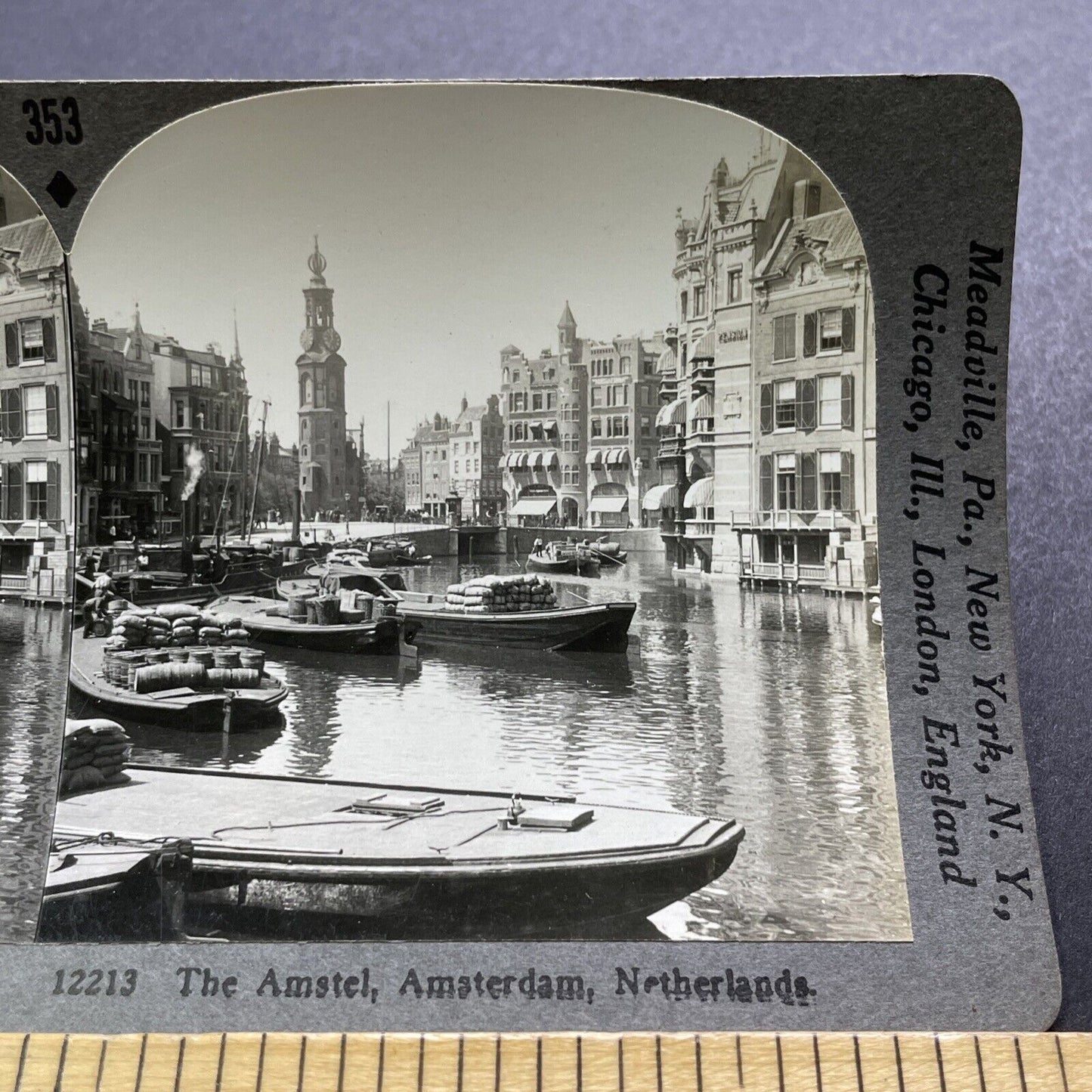 Antique 1930s Amstel Canal Amsterdam Netherlands Stereoview Photo Card V2909