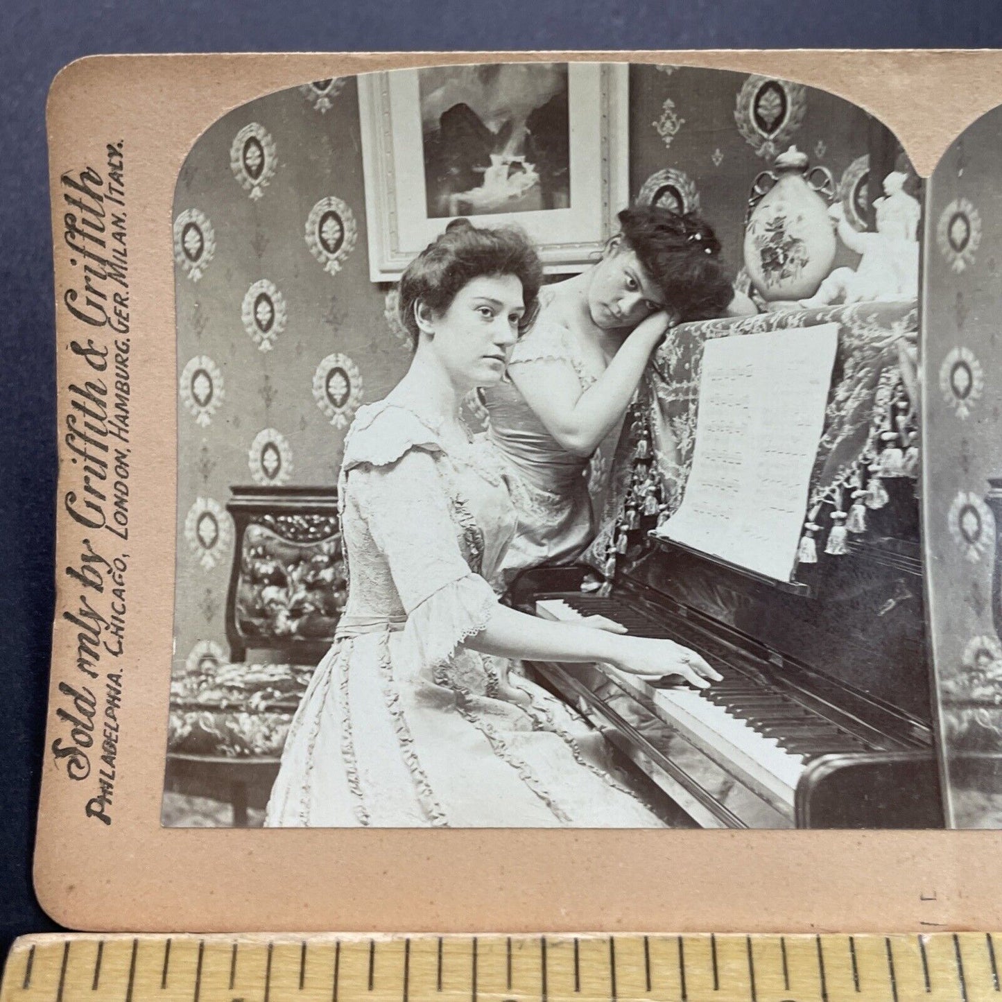 Antique 1902 Sisters Practice Piano Together Stereoview Photo Card P3540