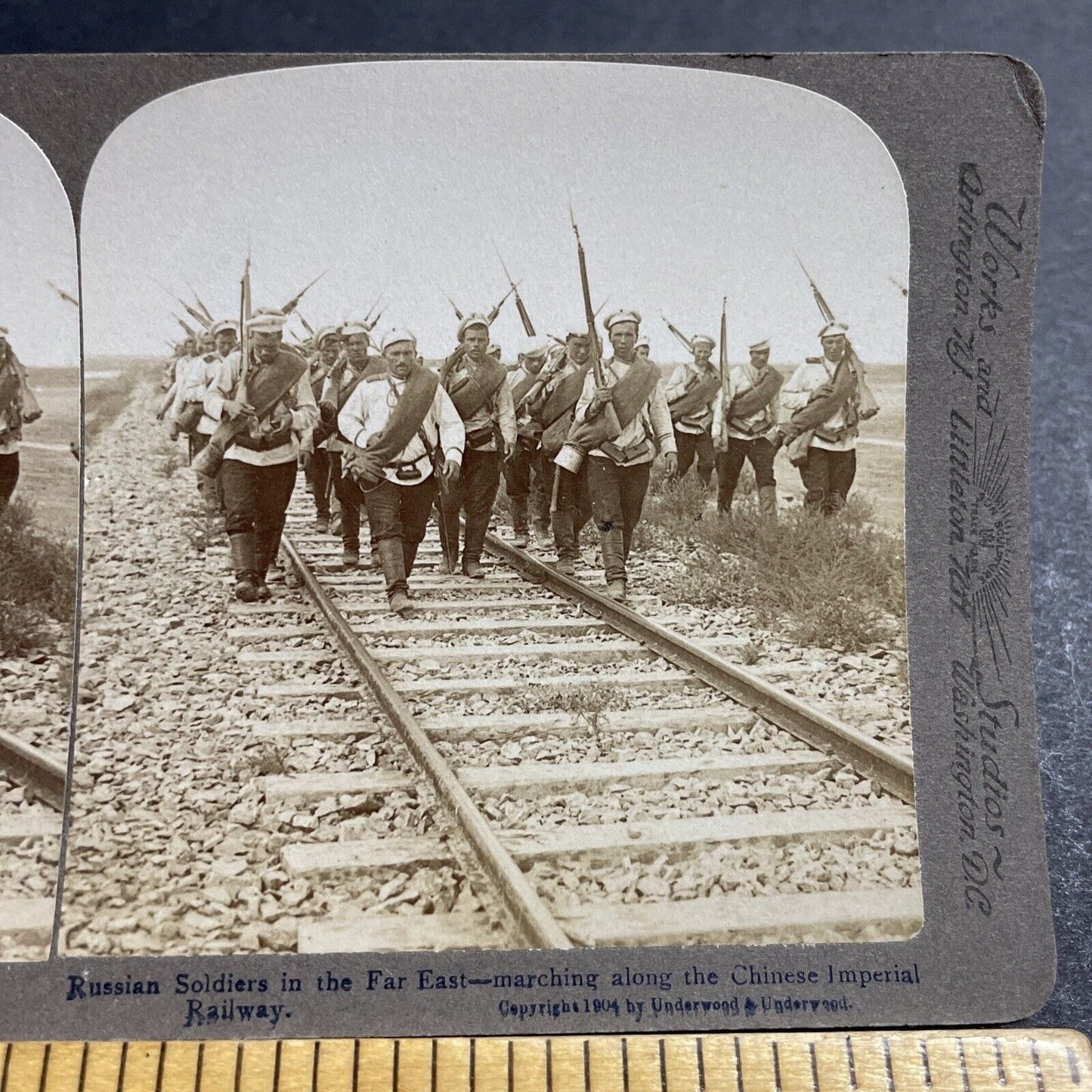 Antique 1904 Russia Soldiers Invade China Railroad Stereoview Photo Card P5624