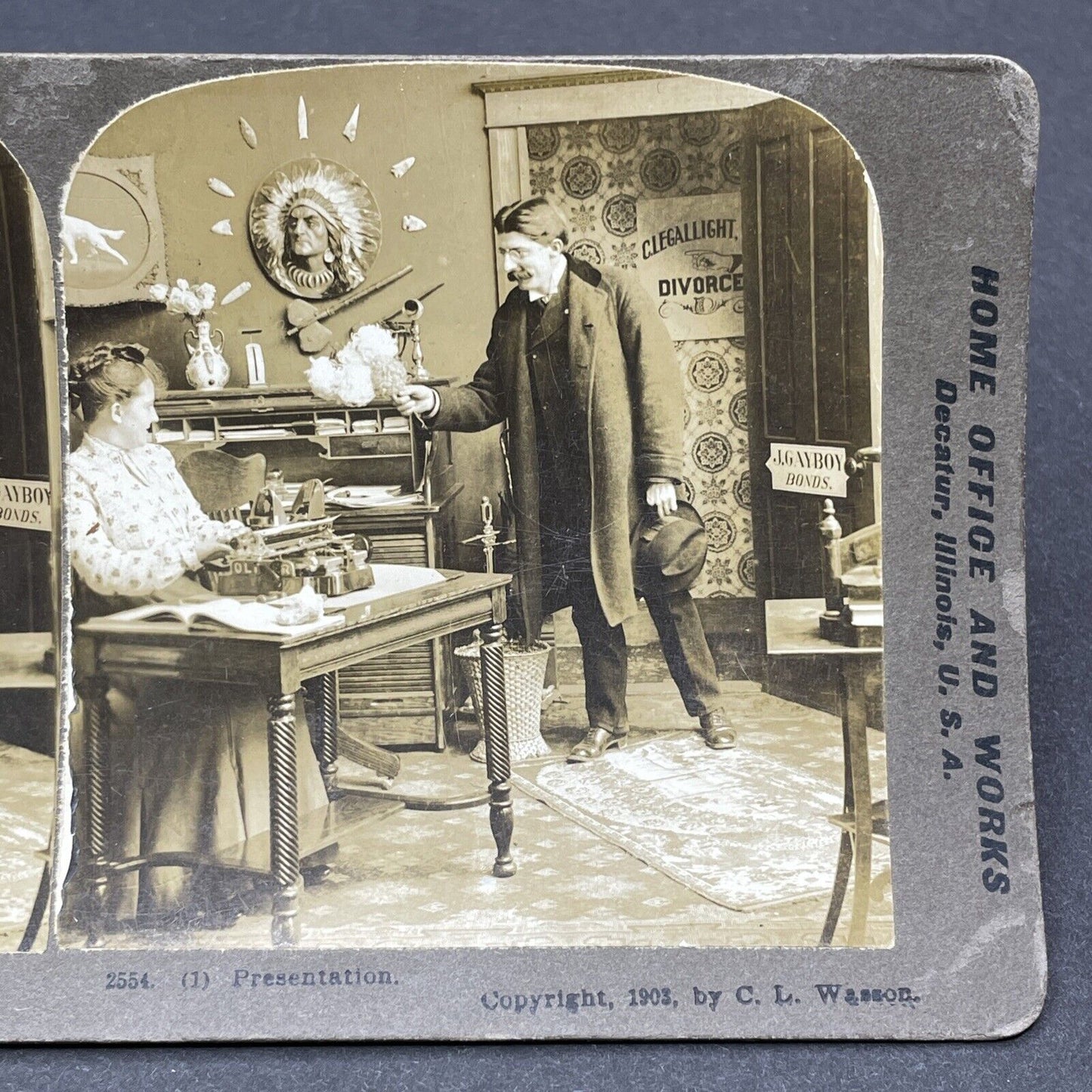 Antique 1903 Man Flirts With His Office Secretary Stereoview Photo Card P1807