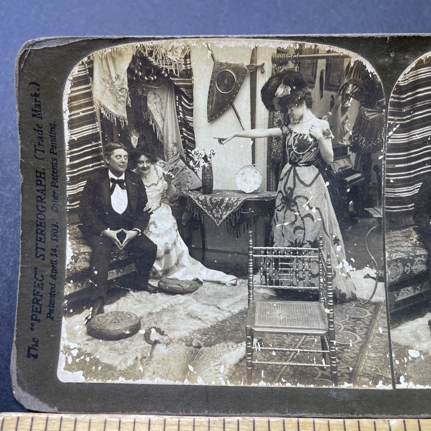 Antique 1902 Man Gets Caught With Mistress By Wife Stereoview Photo Card P2706