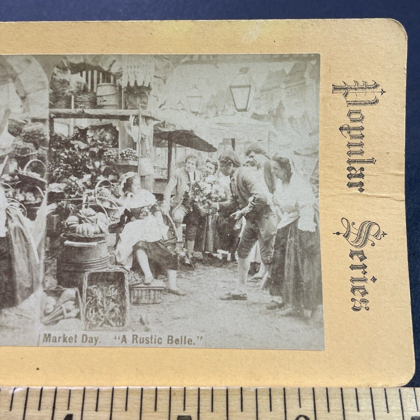 Antique 1870s Men Flirt With Farmer Girl At Market Stereoview Photo Card P4103