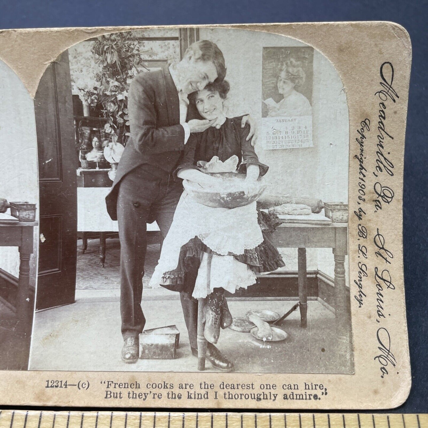 Antique 1903 Man Flirts With His New French Maid Stereoview Photo Card P2596