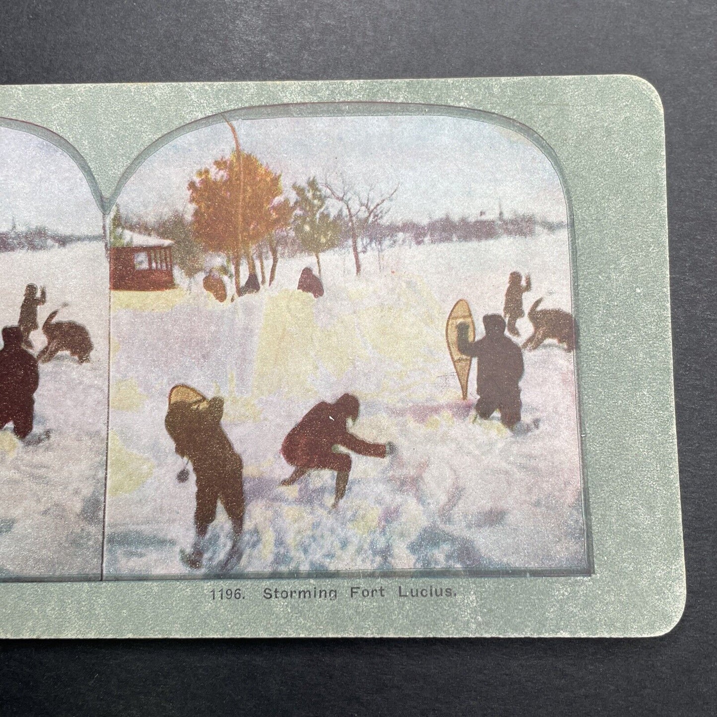 Antique 1892 Children Have A Snowball Fight Stereoview Photo Card P1225