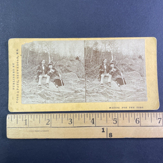 Sitting on Beach in Maine Stereoview Vose & Paul Skowhegan Antique c1870s Y2263