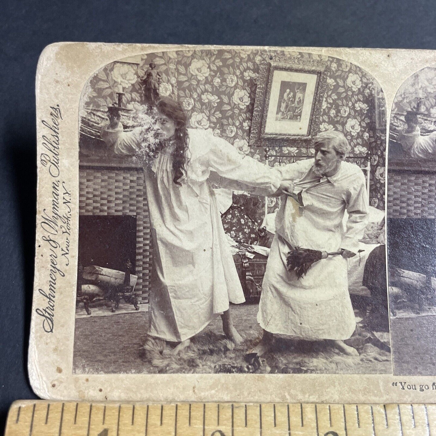 Antique 1897 Woman Bravely Confronts Intruder Stereoview Photo Card P4709