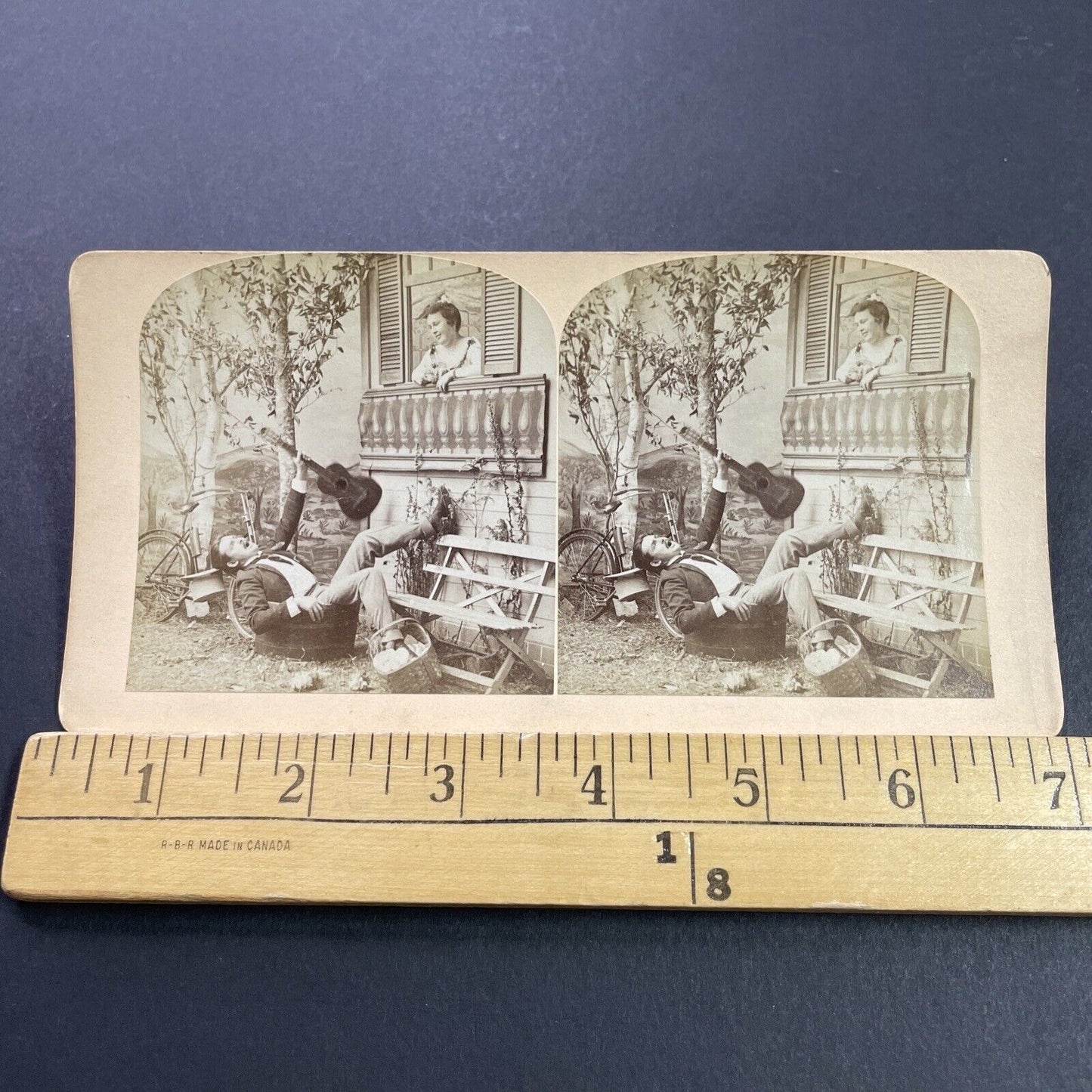 Antique 1870s Guitarist Falls From Window Stereoview Photo Card P4106