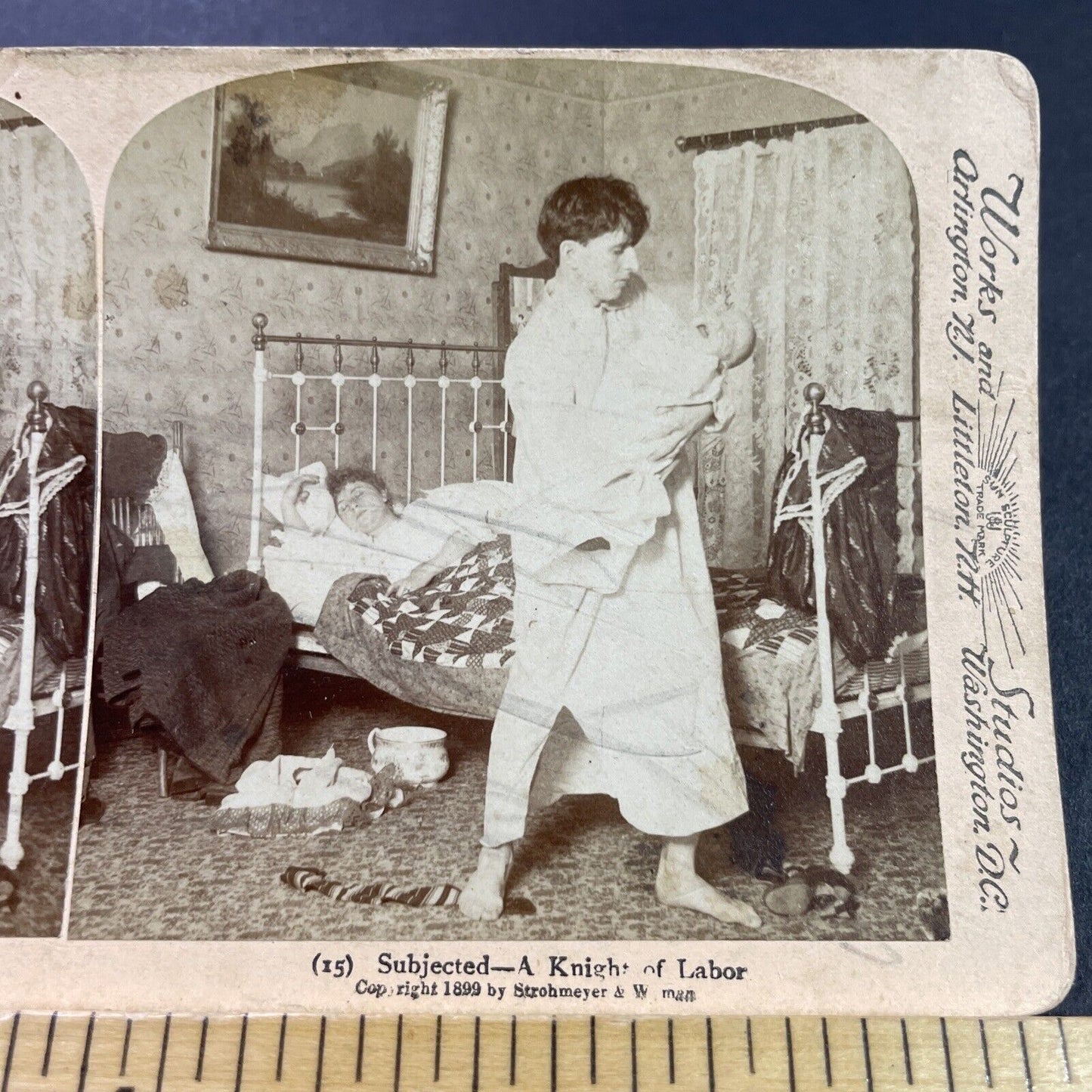 Antique 1899 Man Holds Screaming Baby Stereoview Photo Card P3966