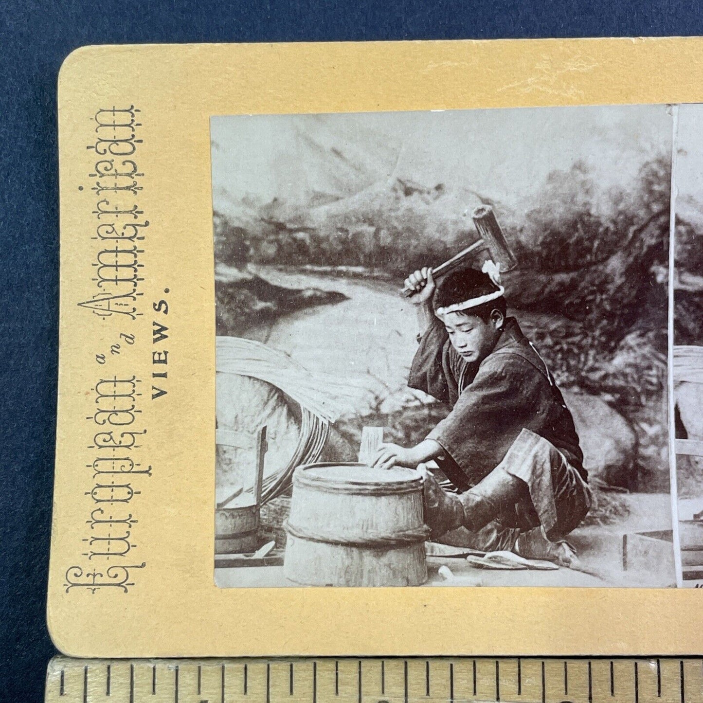 Japanese Boy Fixing A Pail Stereoview Kusakabe Kimbei Antique c1870 X3112 RARE