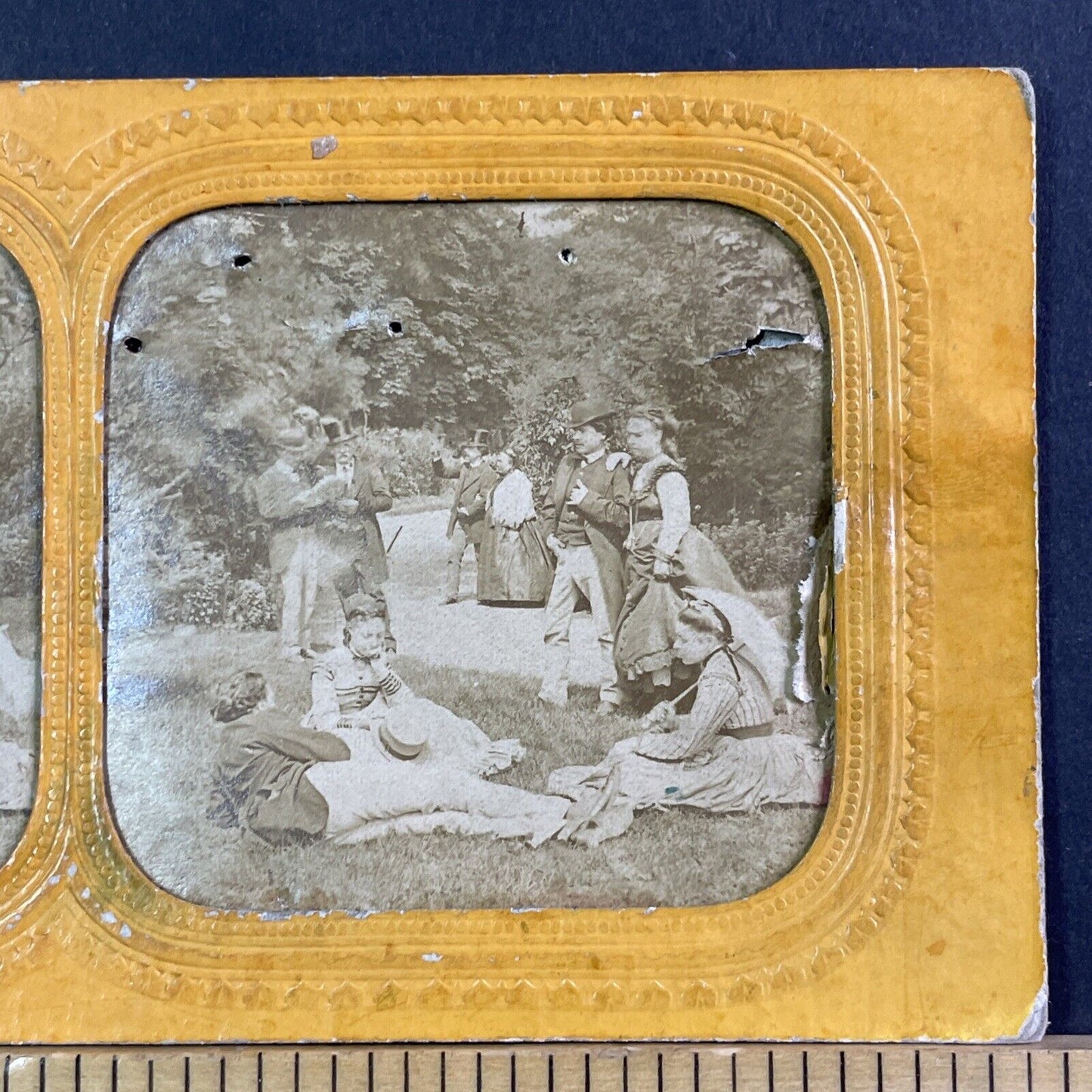 Wealthy Men And Women In Park Stereoview French Tissue Antique c1860s XT2112