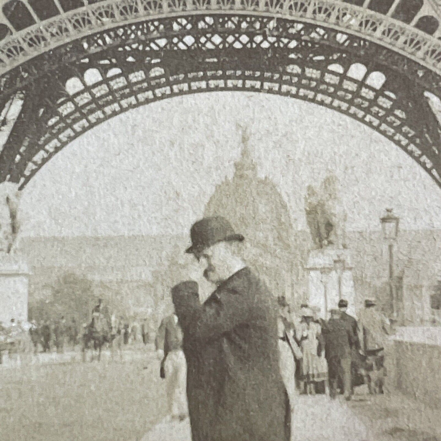 Man Holds Nose in Disgust to Eiffel Tower Stereoview Paris Antique c1894 X4156