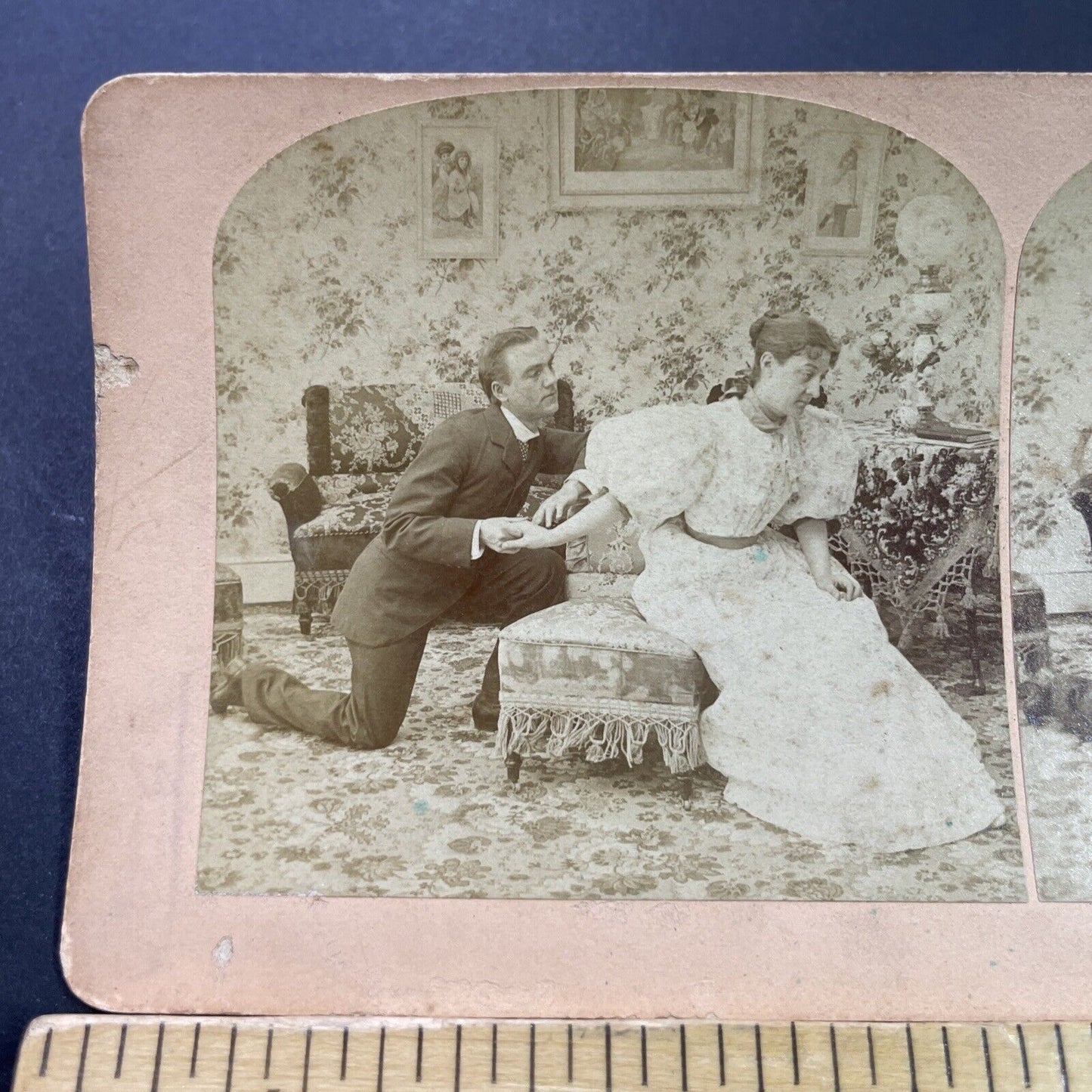 Antique 1897 Man Begs Wife For Forgiveness Stereoview Photo Card P3955