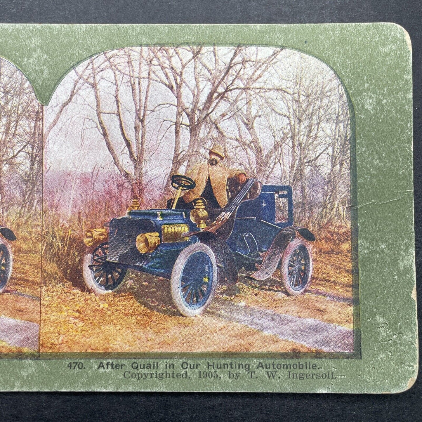 Antique 1905 Quail Hunter In An Automobile Stereoview Photo Card P580-060