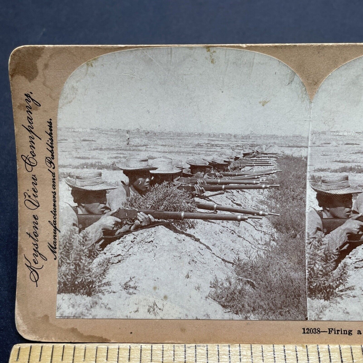 Antique 1900 Chinese Army Soldiers Firing Rifles Stereoview Photo Card P1820