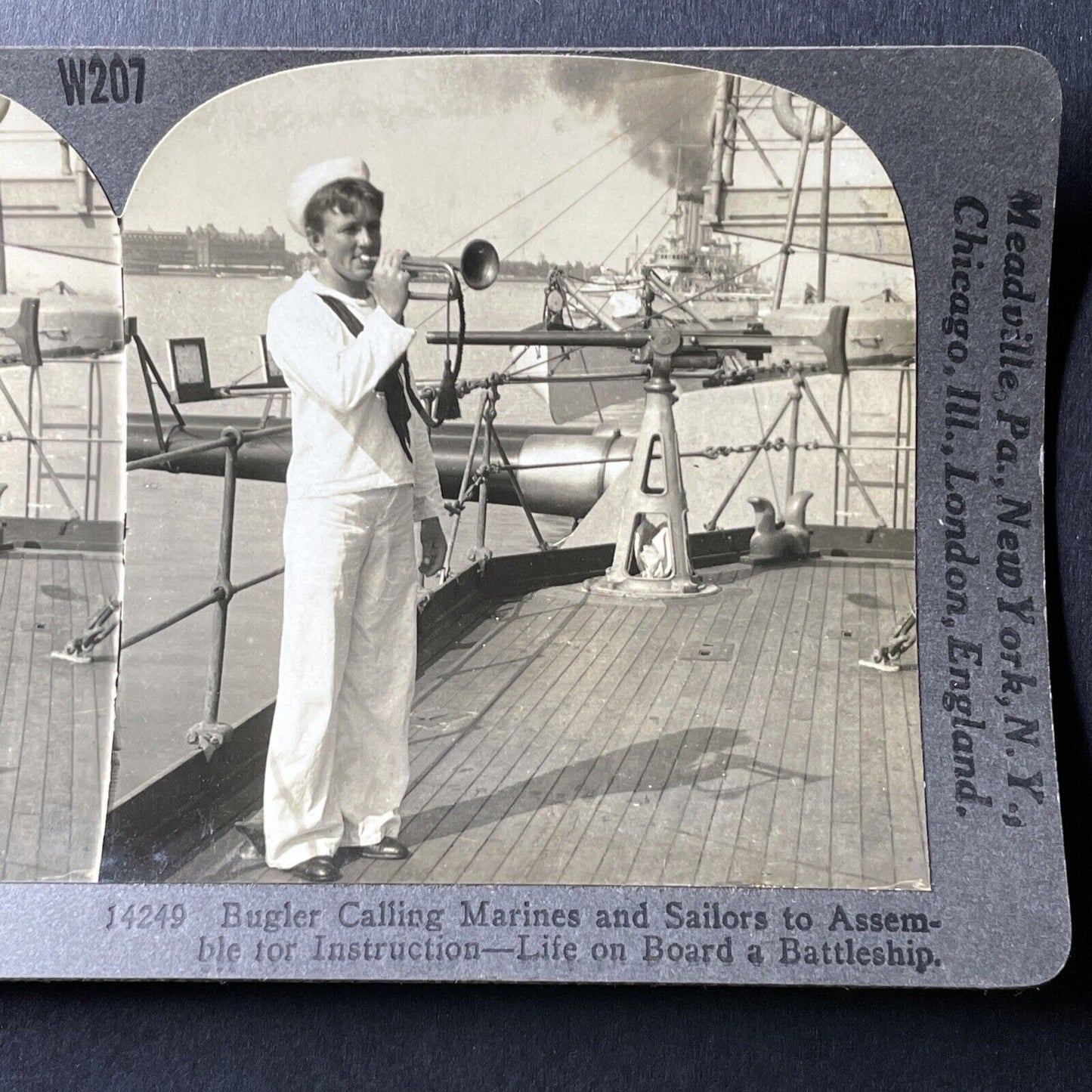 Antique 1909 US Navy Bugler Calls Battleship Seaman Stereoview Photo Card P1012