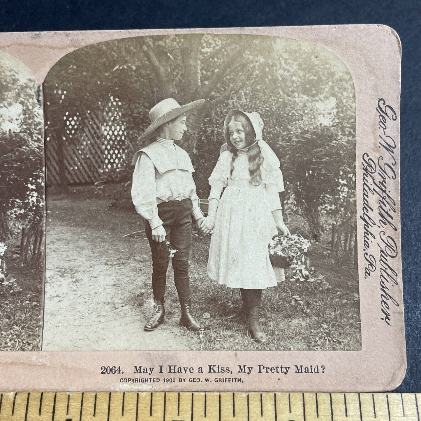 Antique 1900 Boy And Girl Hold Hands In Garden Stereoview Photo Card P4625