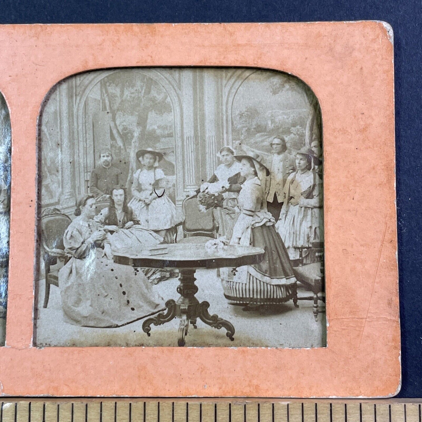 Flowers Brought To Bridal Shower Stereoview French Tissue Antique c1850s XT2103