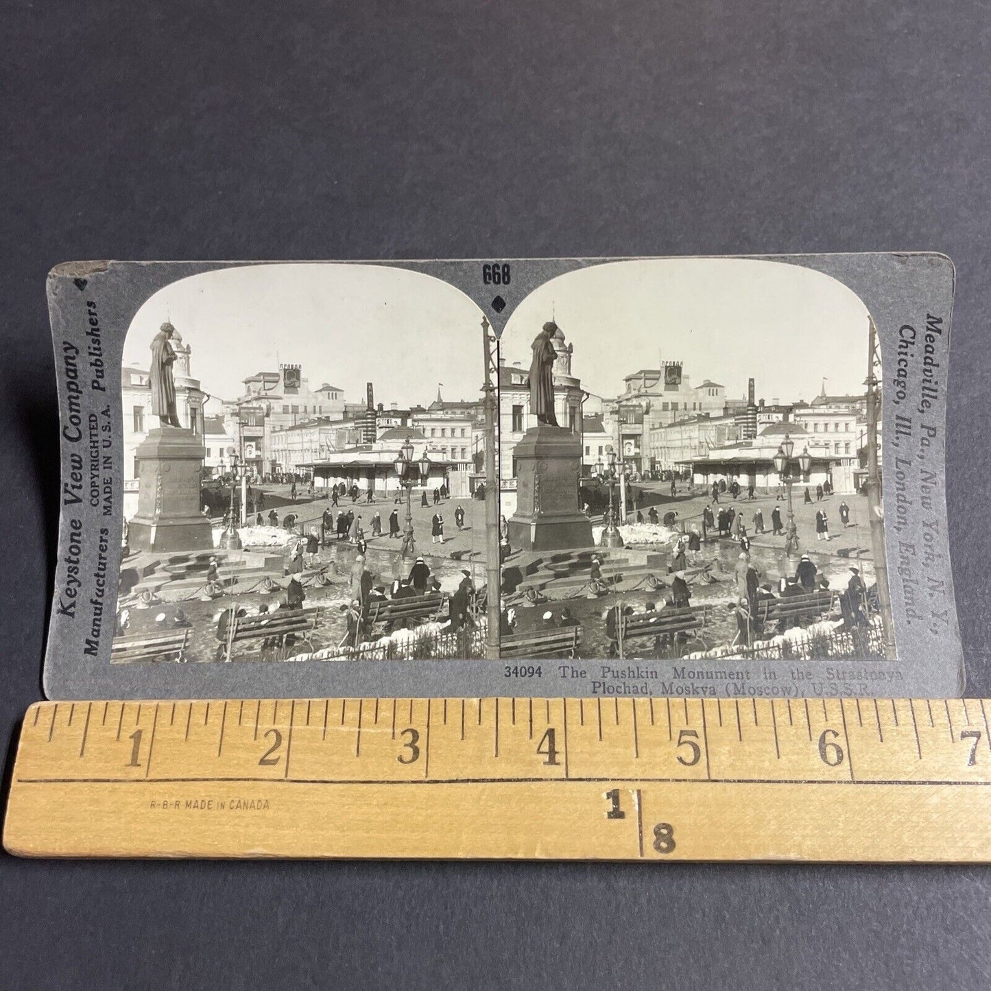 Antique 1920s Pushkin Monument Moscow Russia Stereoview Photo Card P4246