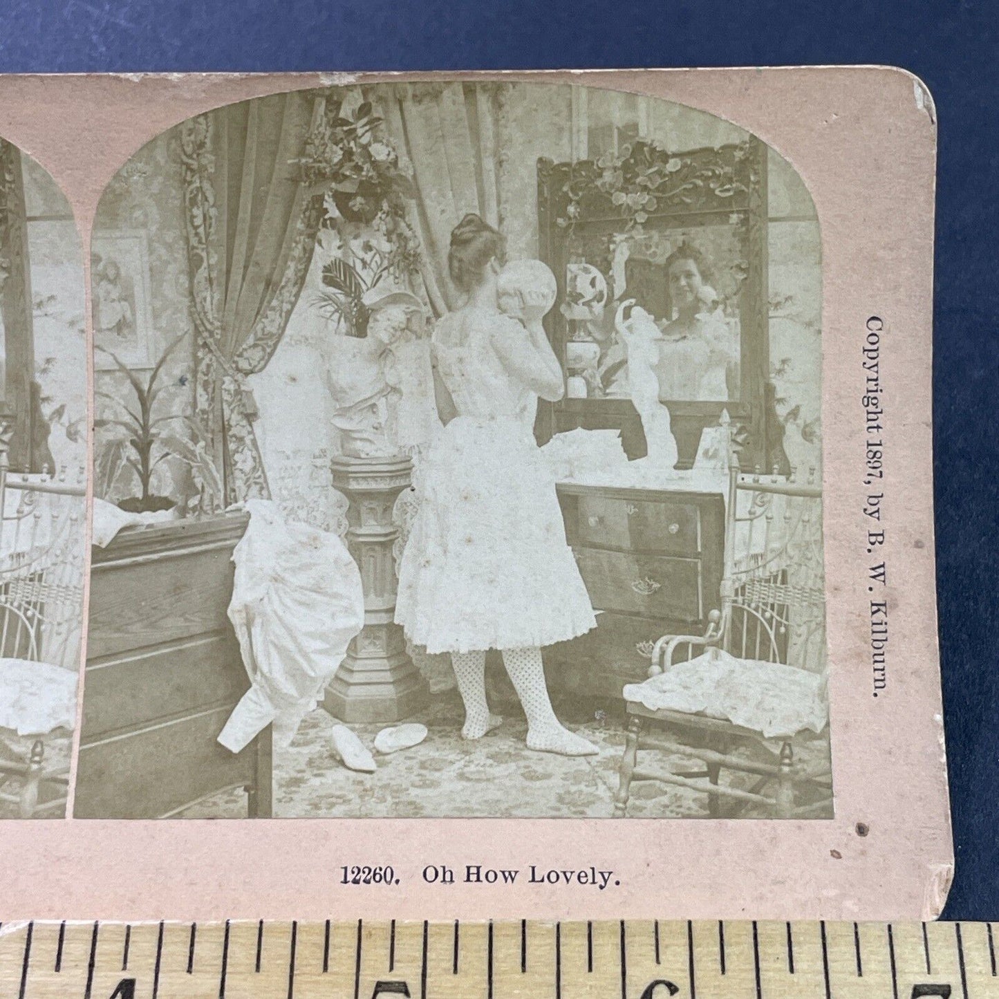 Antique 1897 Woman Getting Changed In Mirror Stereoview Photo Card P3958