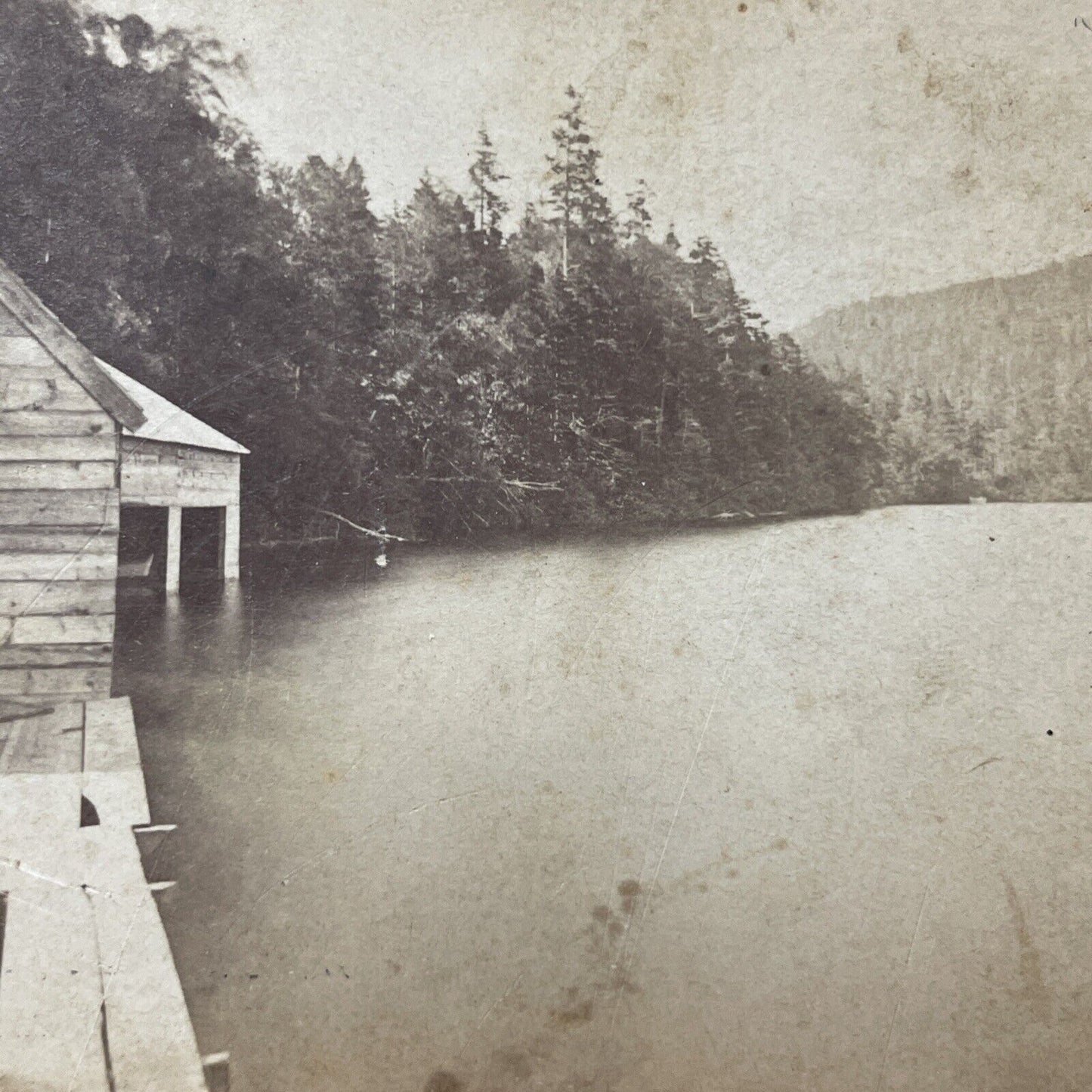 Antique 1870s Echo Lake Boathouse New Hampshire Stereoview Photo Card V1900