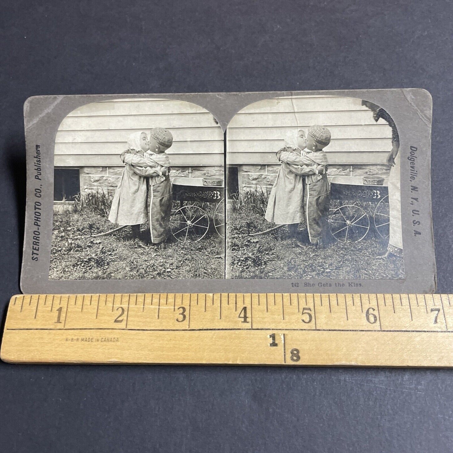 Antique 1901 Boy And Girl Kiss Near Wagon Stereoview Photo Card P4723