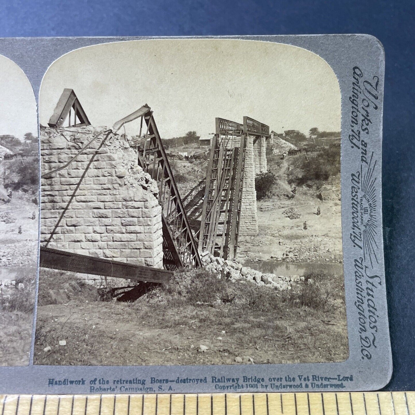 Antique 1901 Destroyed Shelled Bridge Boer War SA Stereoview Photo Card P3064