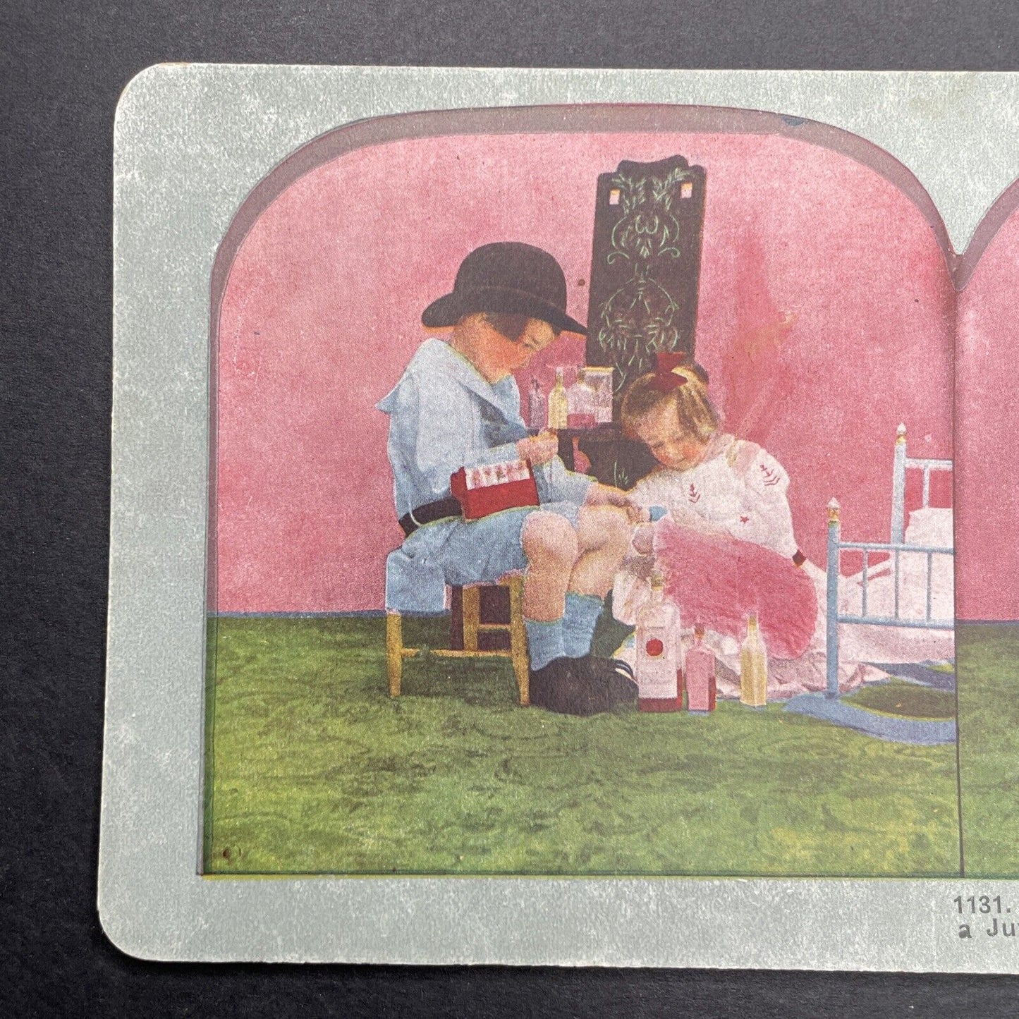 Antique 1905 Children Play Doctor & Nurse On Doll Stereoview Photo Card P1251