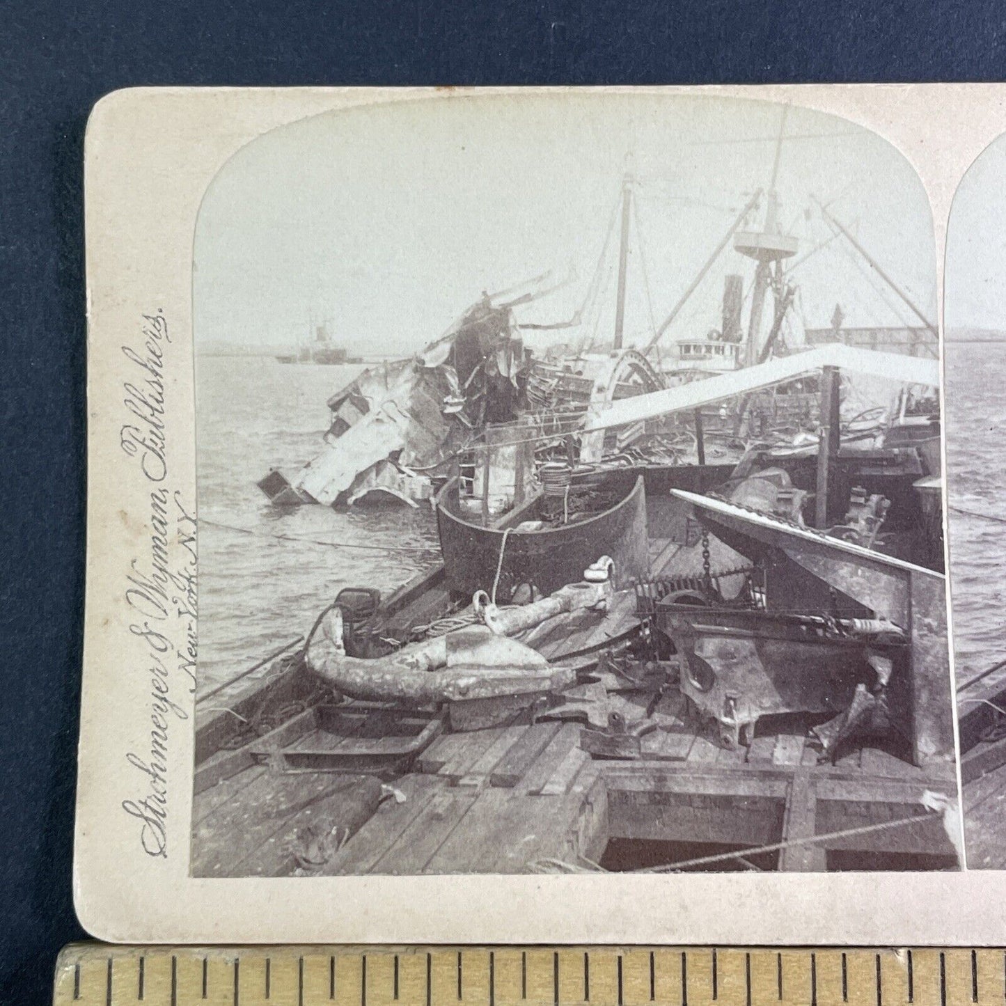 Sinking Of The USS Maine Navy Cruiser Wreck Stereoview Antique c1898 X3151