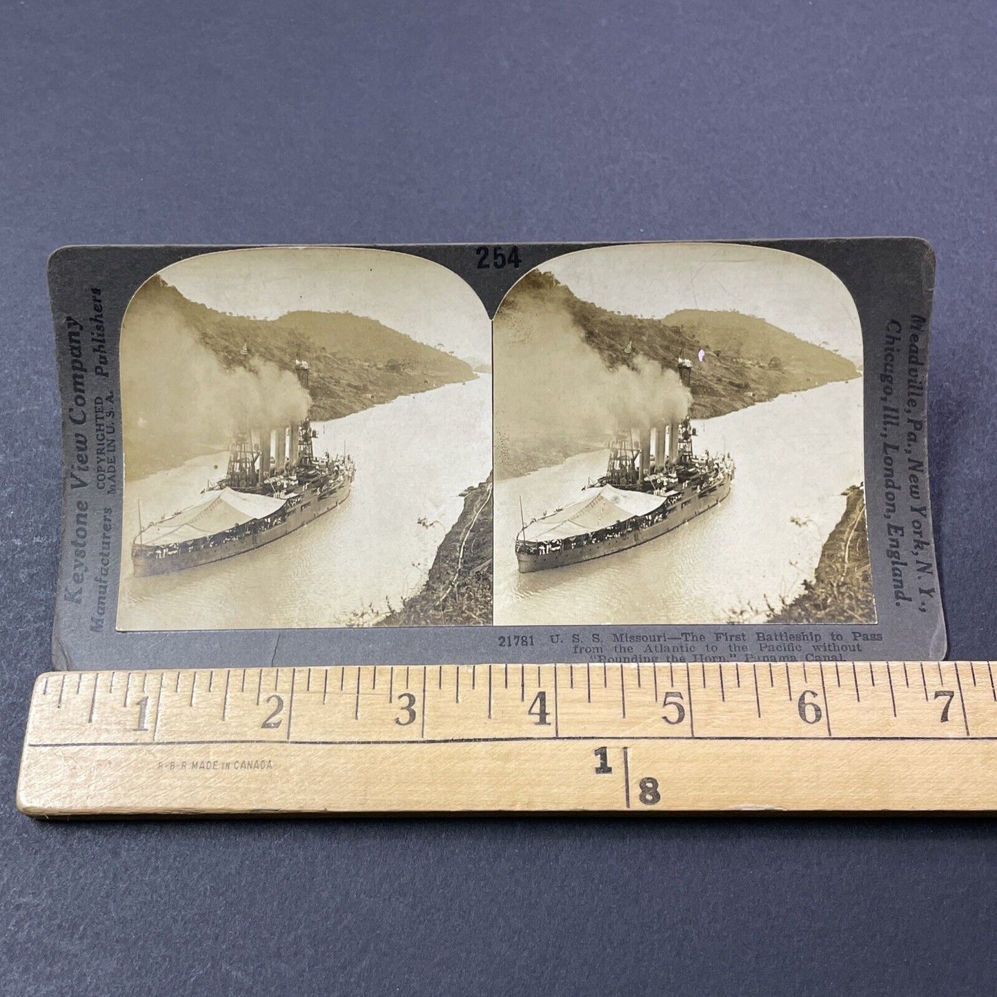 Antique 1909 USS Missouri Battleship In A Canal Stereoview Photo Card V3312