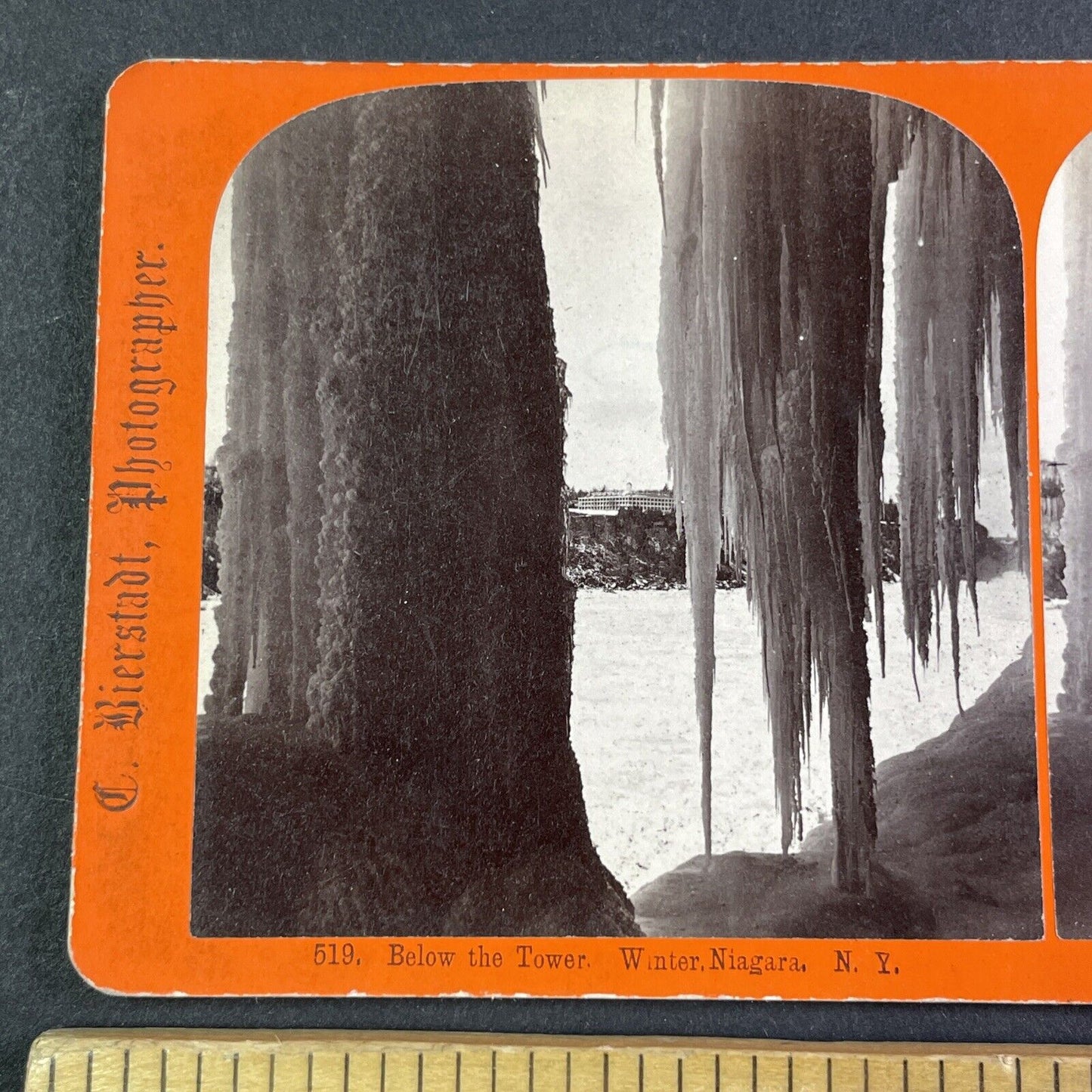Beneath Frozen Niagara Falls New York Stereoview Charles Bierstadt c1870s Y2220