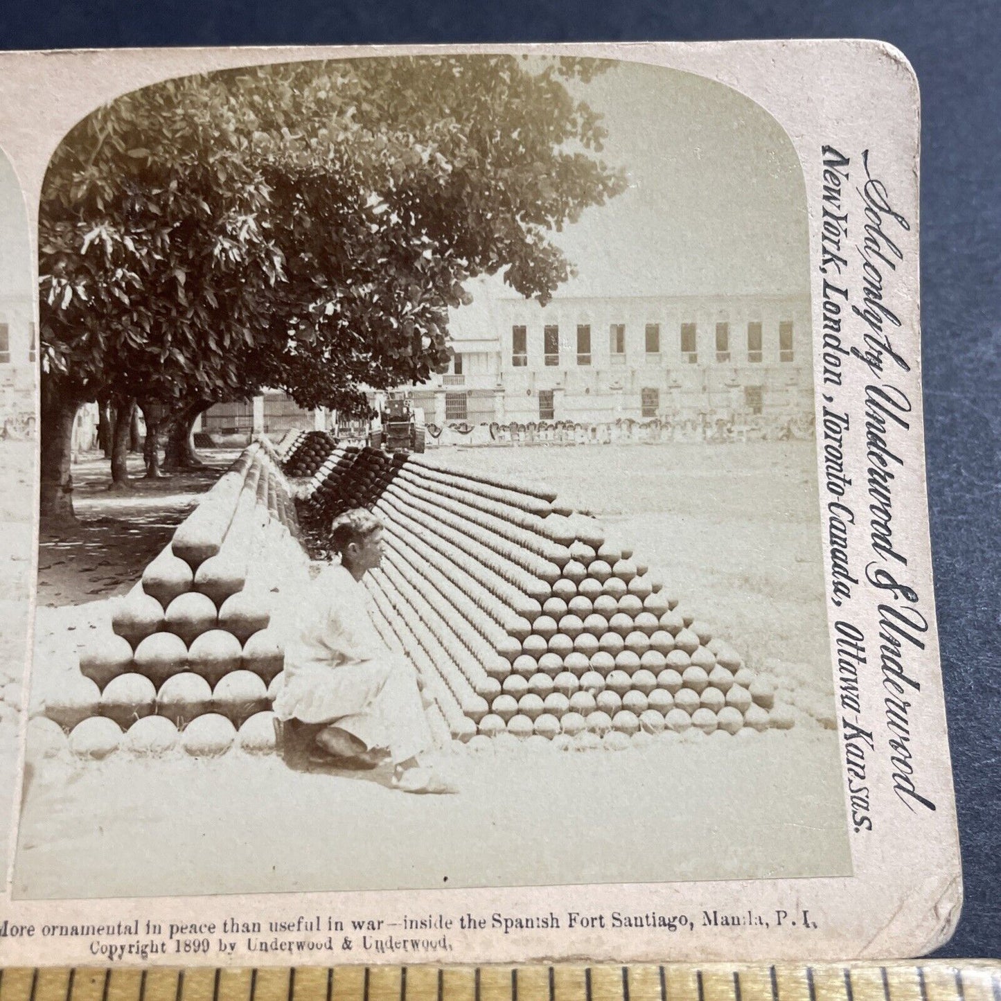 Antique 1899 US Artillery Canonball Ammunition Manila Stereoview Photo Card 4985