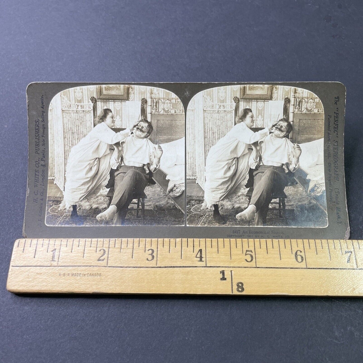 Antique 1901 Victorian Wife Shaves Husbands Beard Stereoview Photo Card P2996