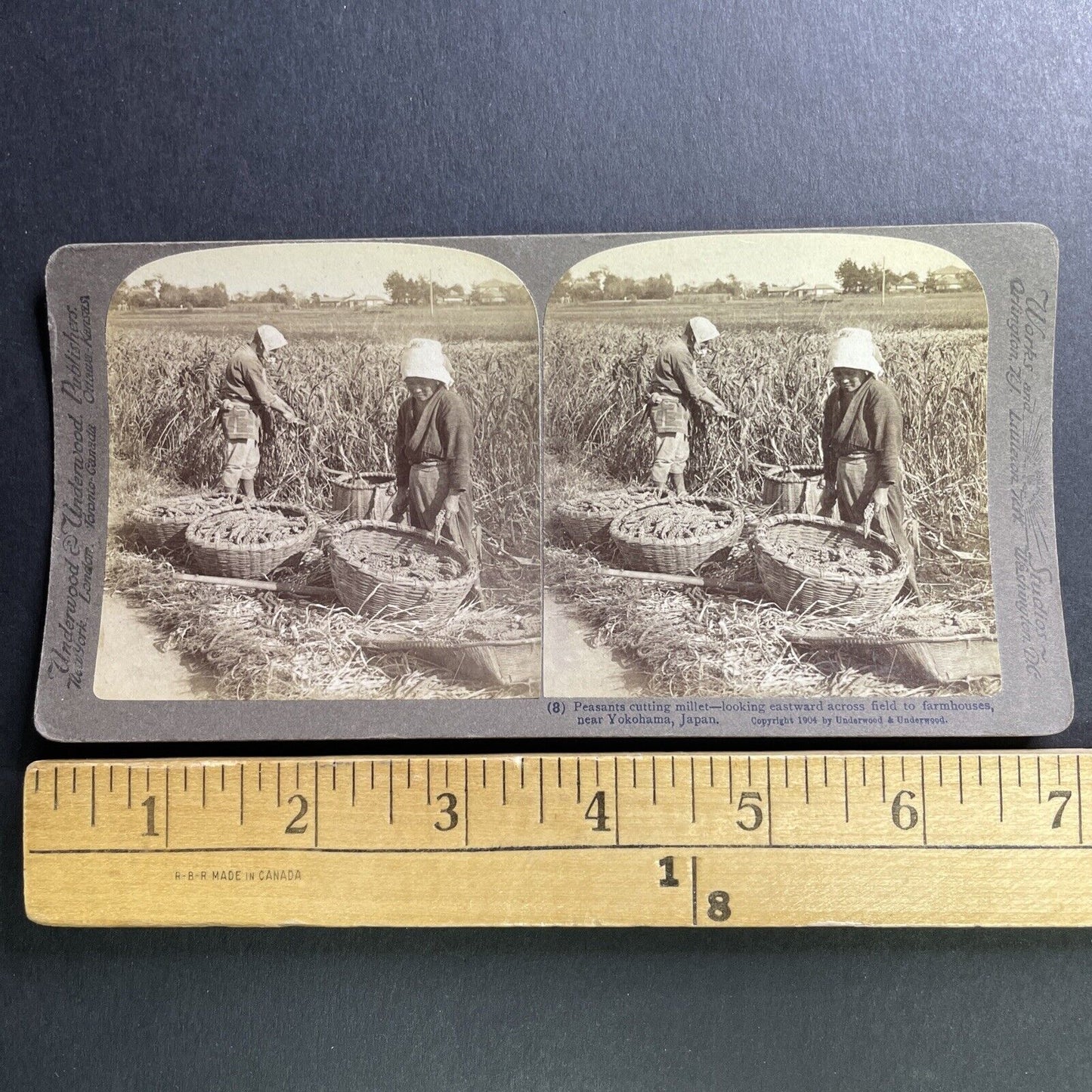 Antique 1904 Farmers Cutting Crop Yokohama Japan Stereoview Photo Card P1608