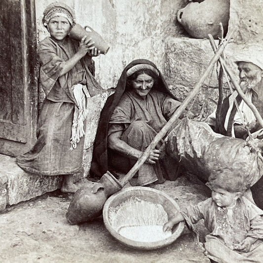 Antique 1901 Old Couple Makes Butter In Israel Stereoview Photo Card P4406