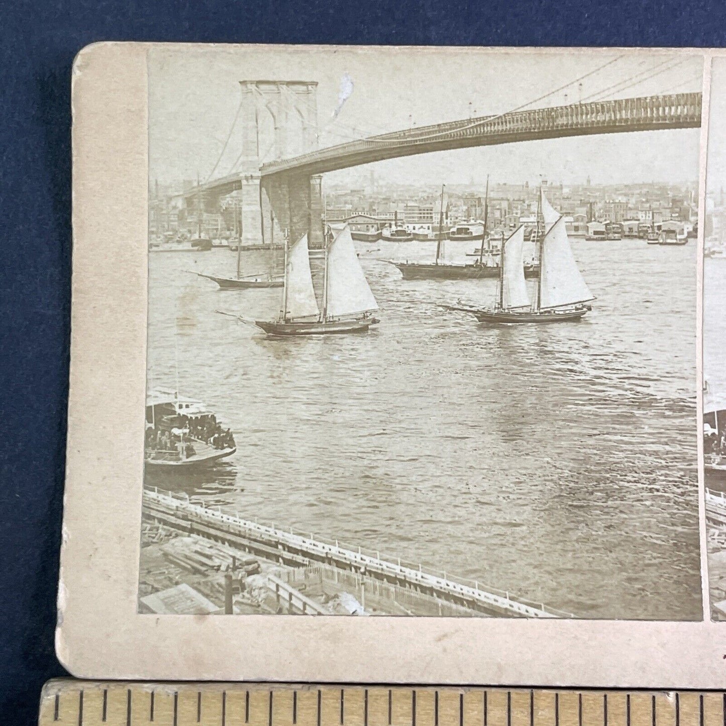 Brooklyn Bridge Construction Finished Stereoview Manhattan Antique c1883 X3180
