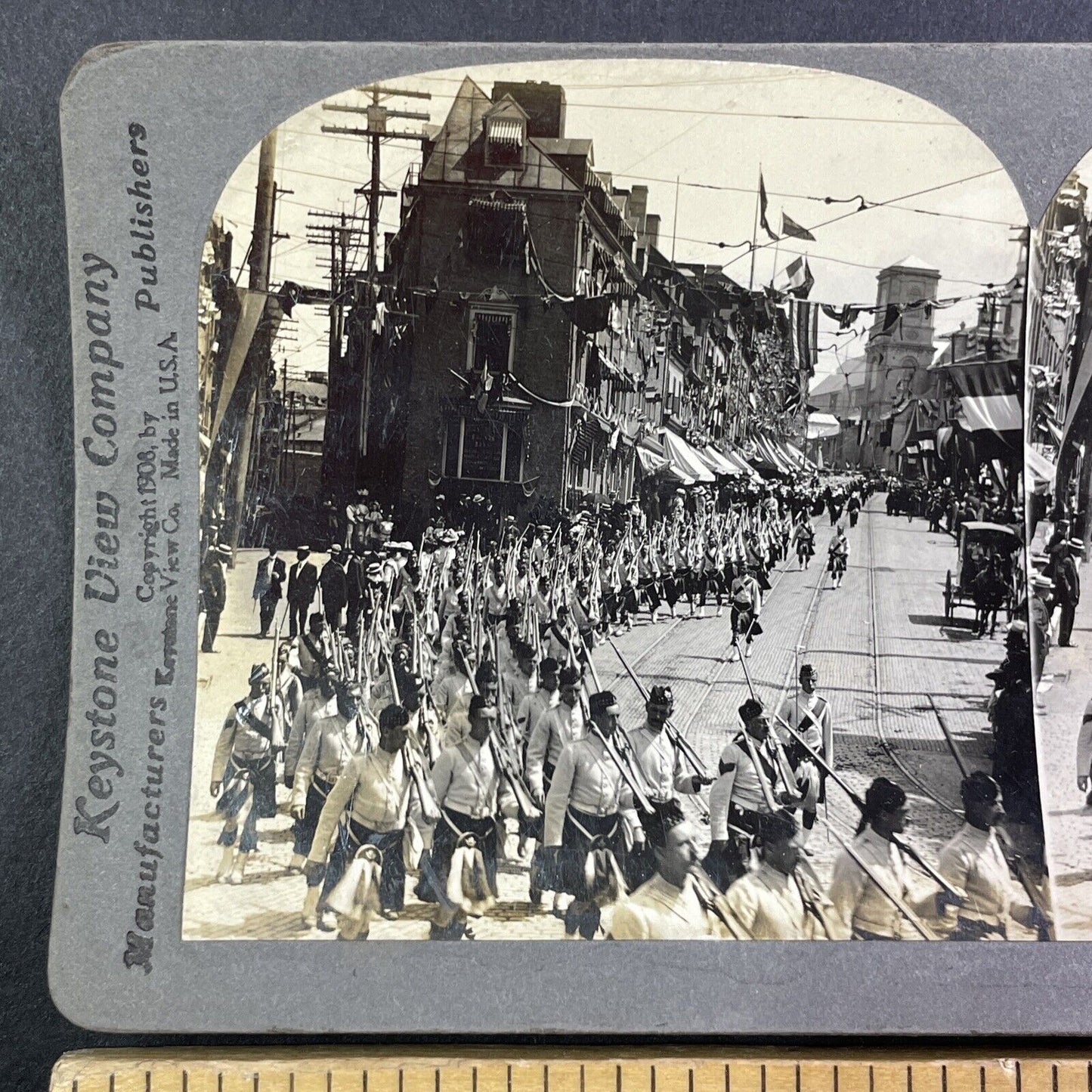 Fifth Royal Highlanders of Montreal Marching in Quebec Stereoview c1908 Y1717